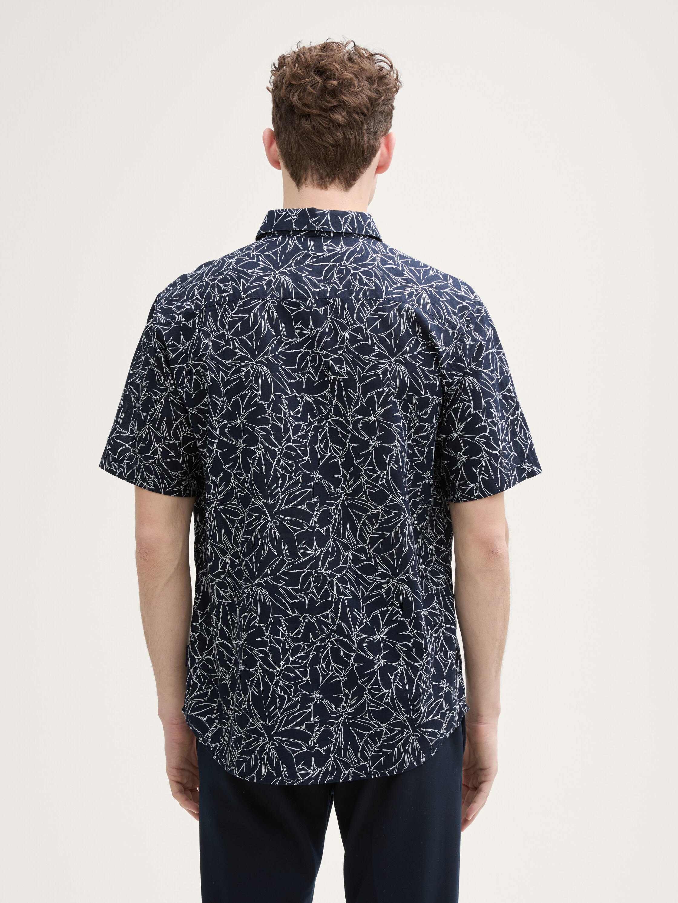 Regular Fit Kurzarmhemd mit Leinenanteil - navy_outline_flower_design - 
