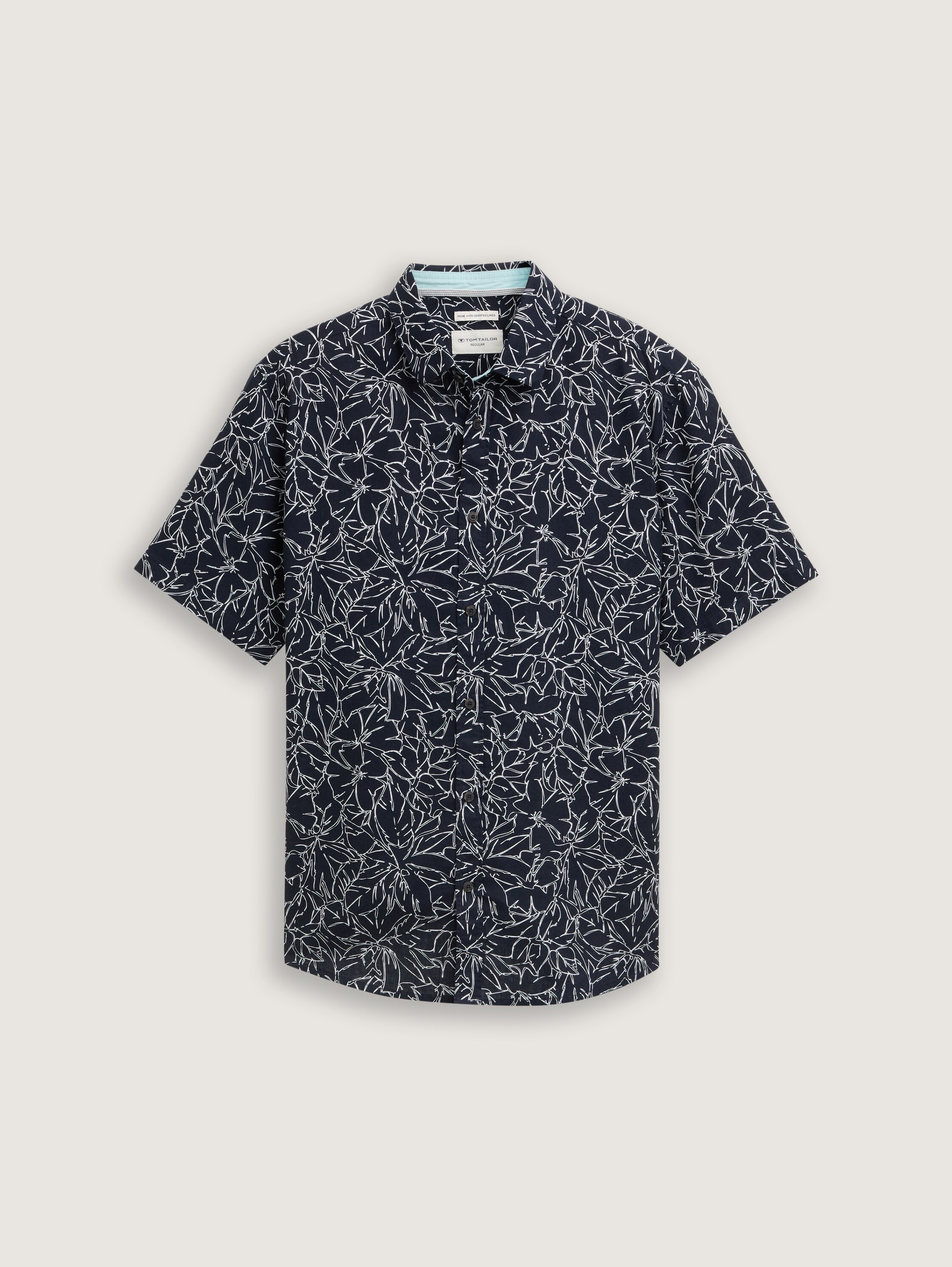 Regular Fit Kurzarmhemd mit Leinenanteil - navy_outline_flower_design - 