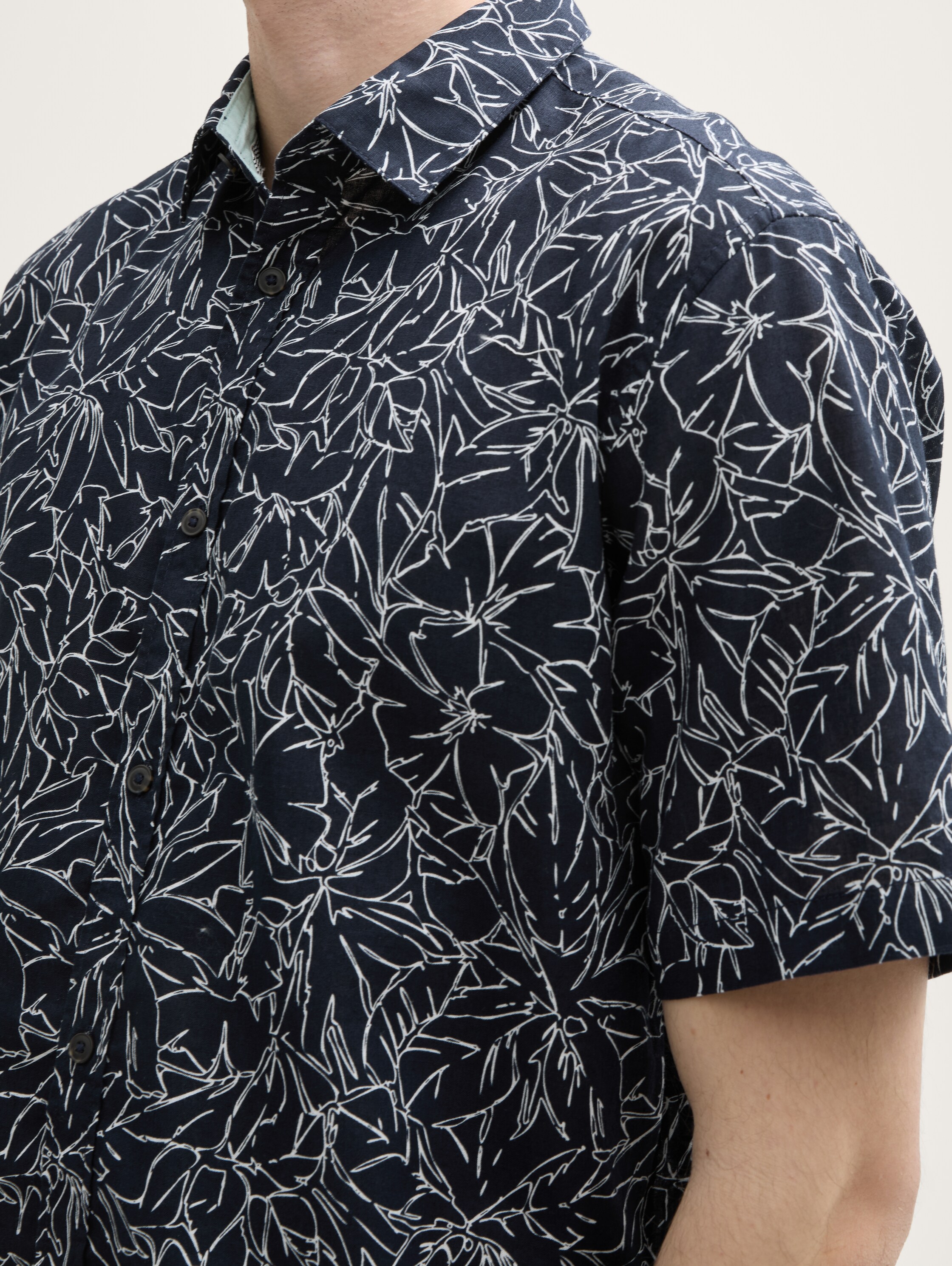 Regular Fit Kurzarmhemd mit Leinenanteil - navy_outline_flower_design - 