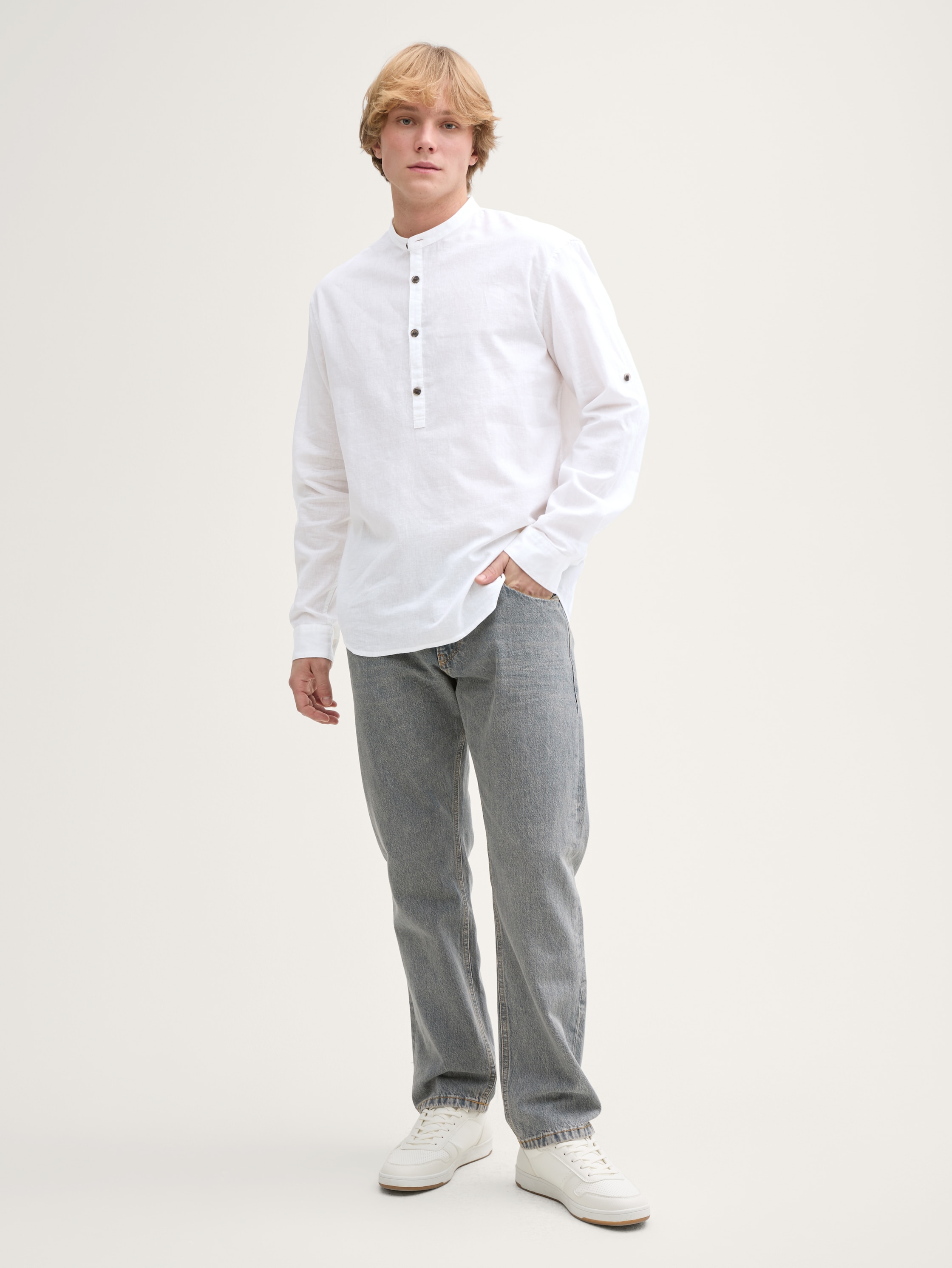 Relaxed Fit Tunika Hemd mit Leinenanteil - white - 