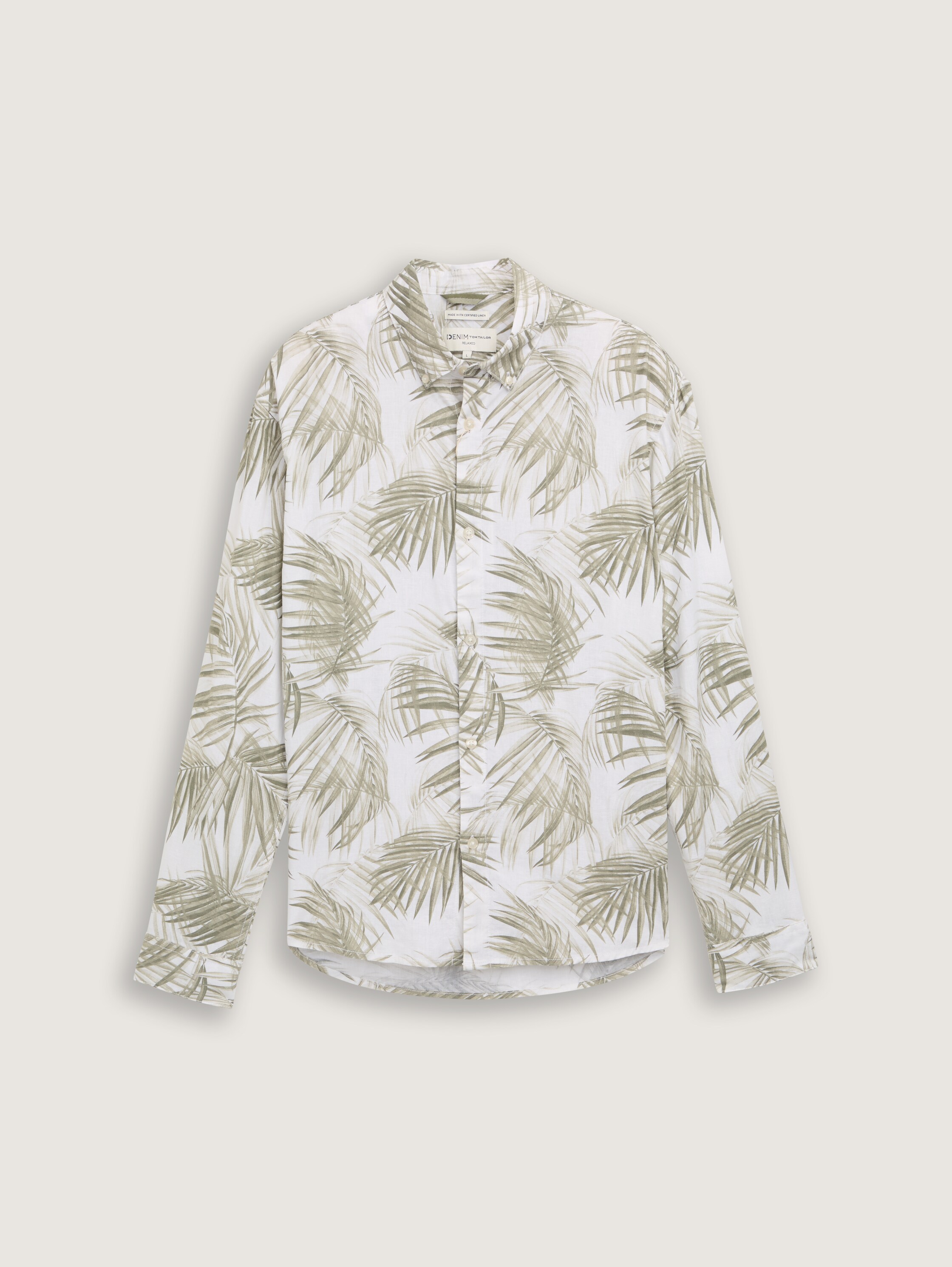 Relaxed Fit Hemd mit Leinenanteil - white_green_watery_palm_print - 