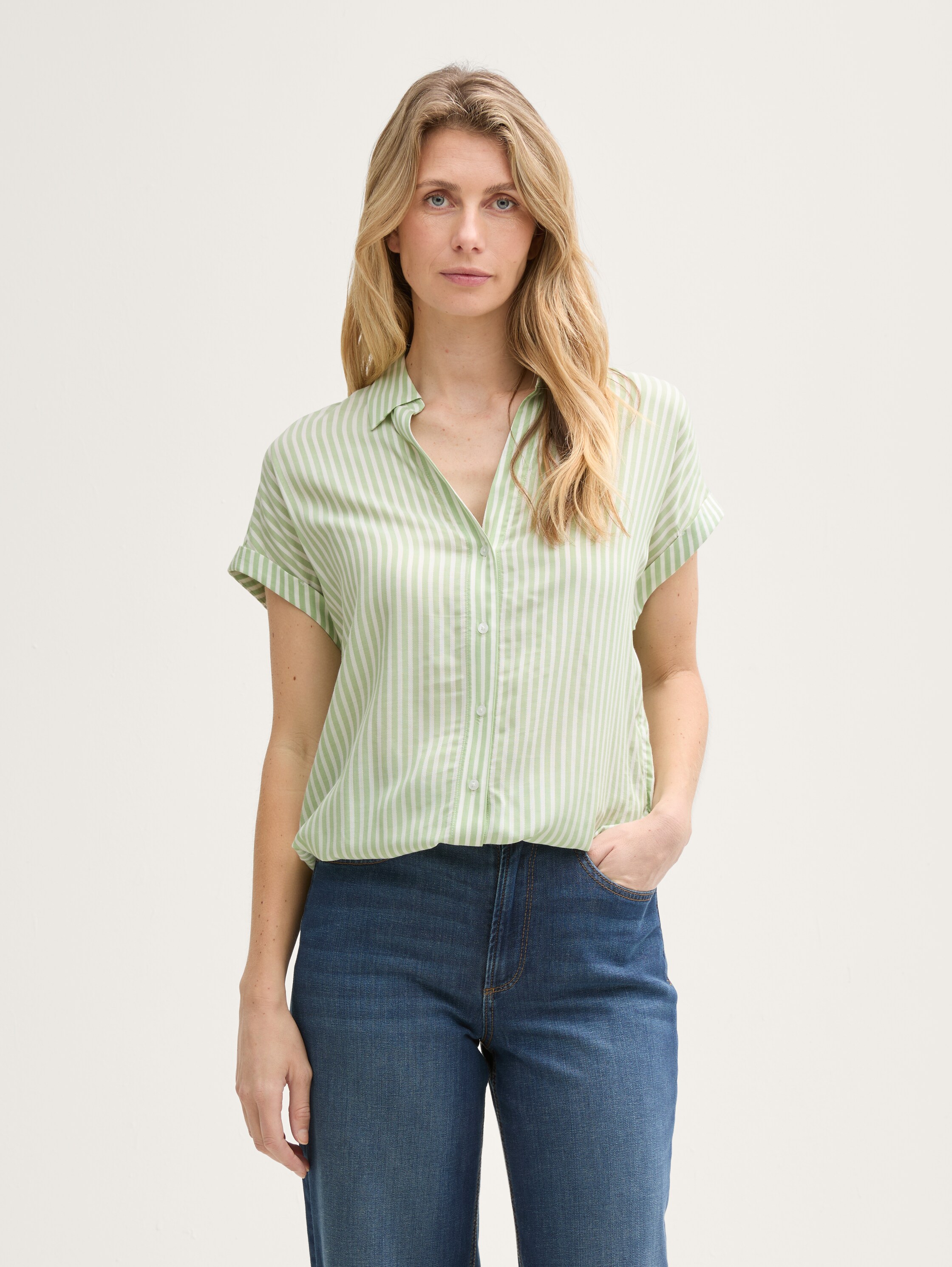 Loose Fit Bluse mit Streifenmuster - true_green_white_thin_stripe - 