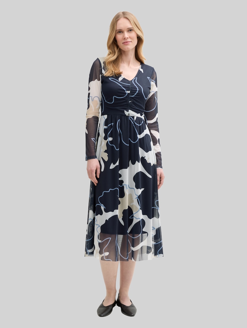 Midi-Meshkleid mit Raffungen von Women, big floral shapes design