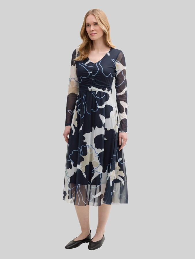 Midi-jurk van mesh met ruches door Women, big floral shapes design