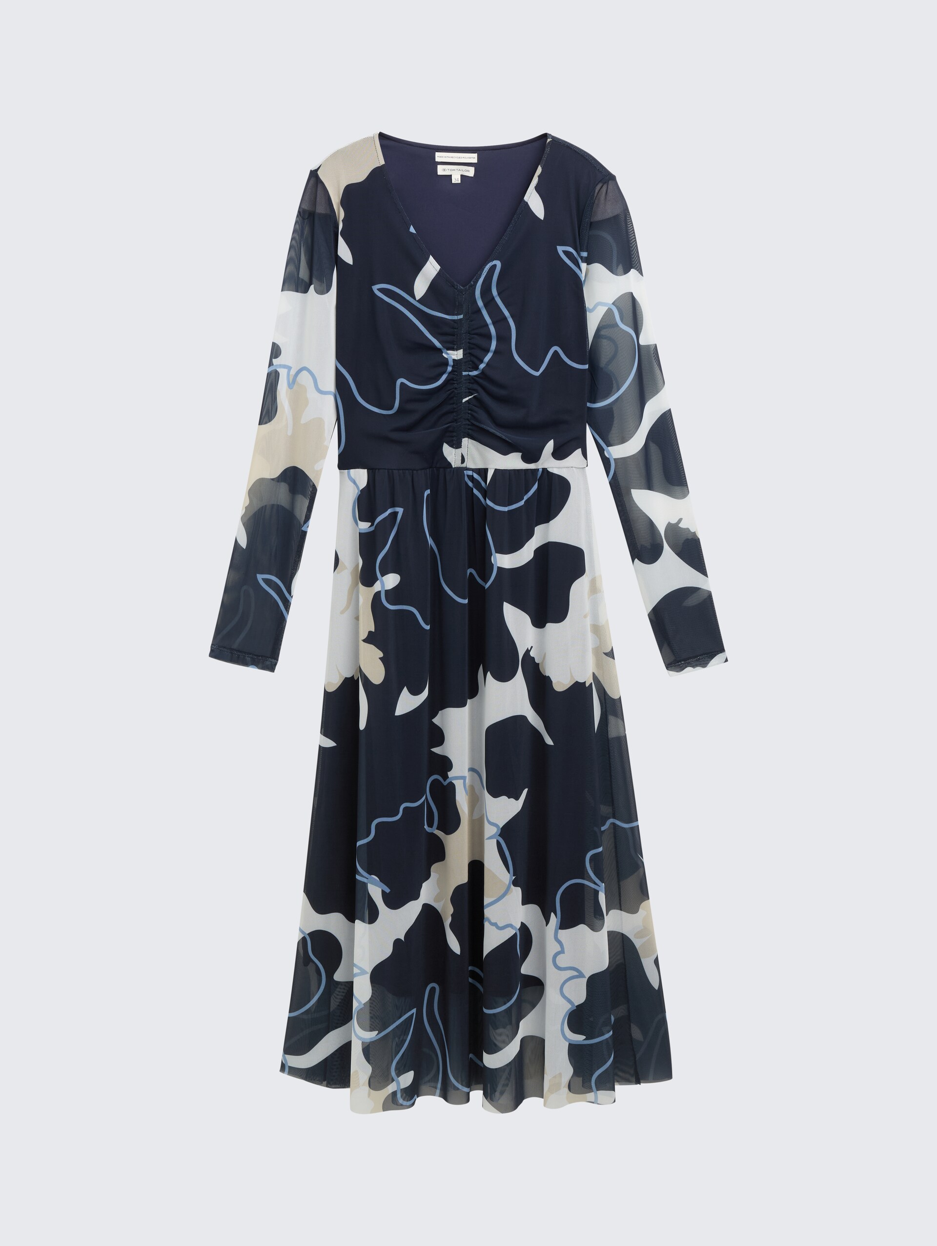 Midi-Meshkleid mit Raffungen - big floral shapes design - Vorder-Produkt-Ansicht
