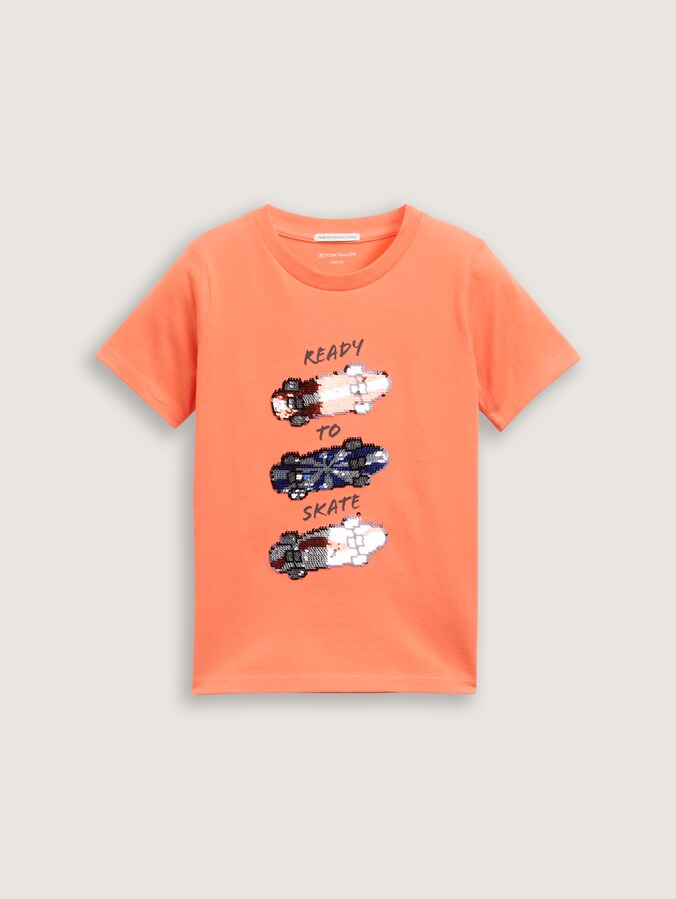 T-shirt met omkeerbare pailletten door Mini Boys, vibrant coral