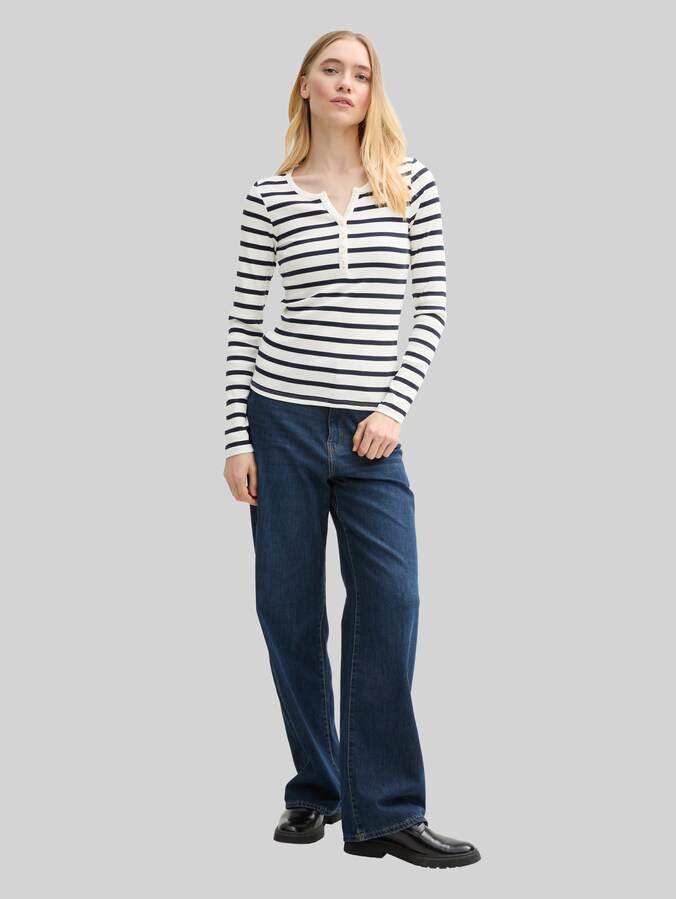 T-shirt à manches longues slim fit Henley par Denim Female, white navy stripe