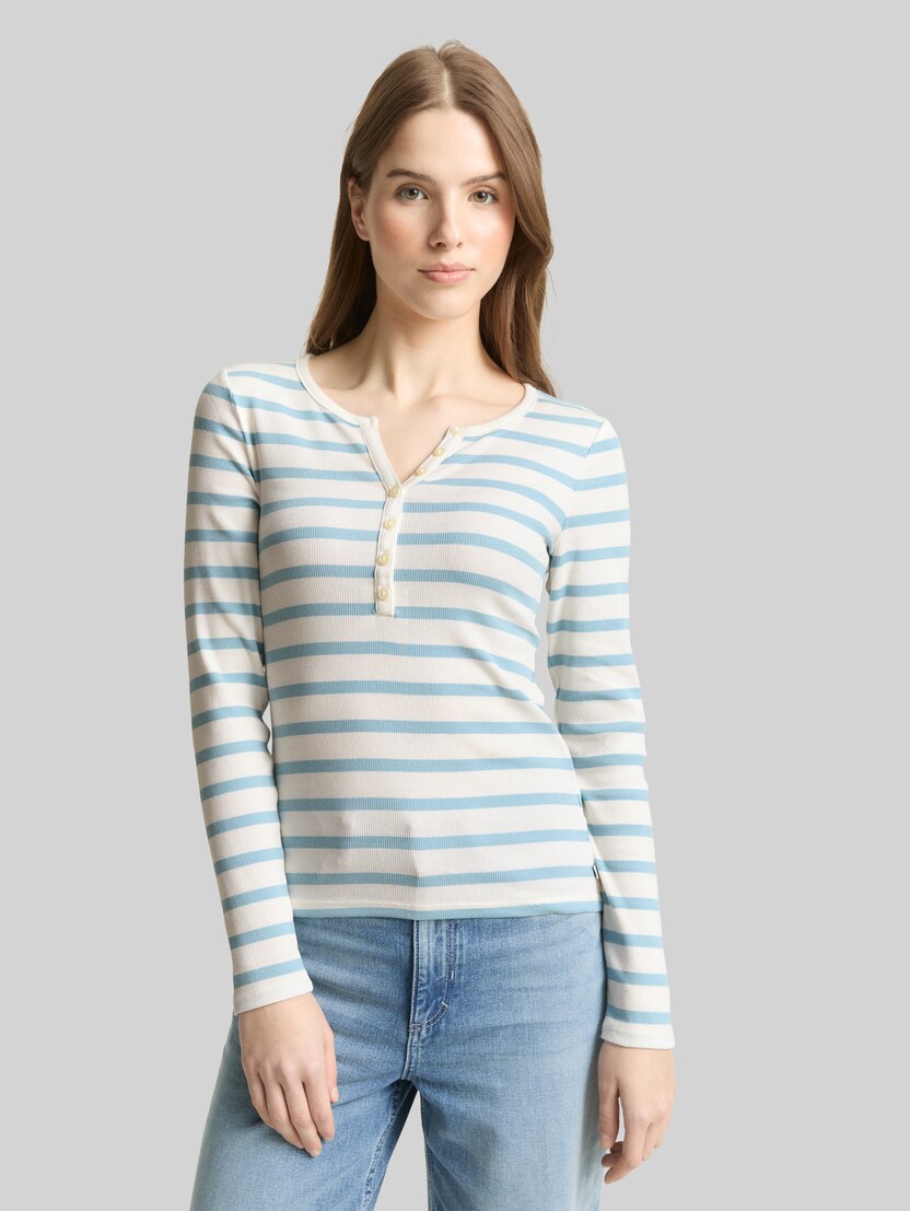 Slim fit Henley-shirt met lange mouwen door Denim Female, calm blue white stripe