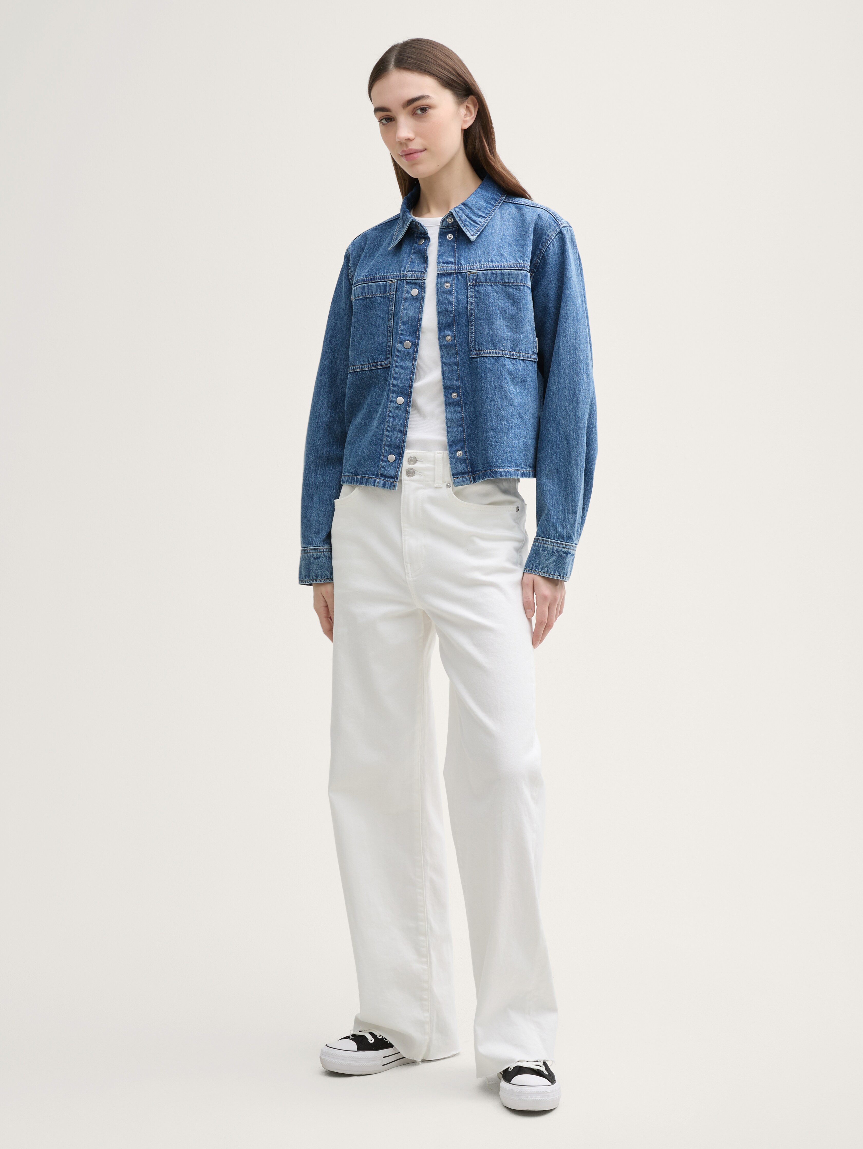 売れ筋商品|||トム テイラー デニム シャツ レディース トップス BOXY SHIRT WITH POCKET - Button-down blouse - mid blue/white Boxy fit denim shirt by Tom Tailor