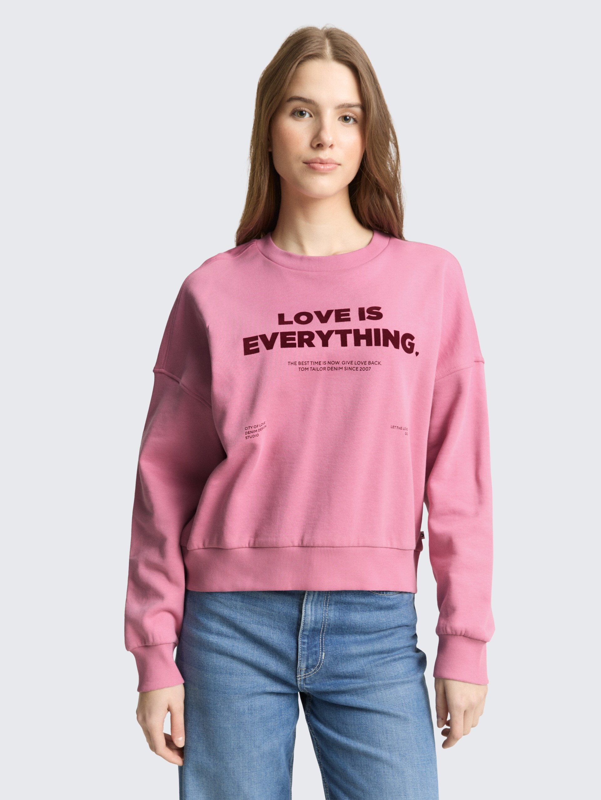 Sweatshirt met losse pasvorm - Soft Blush Rose - Nek model vooraanzicht