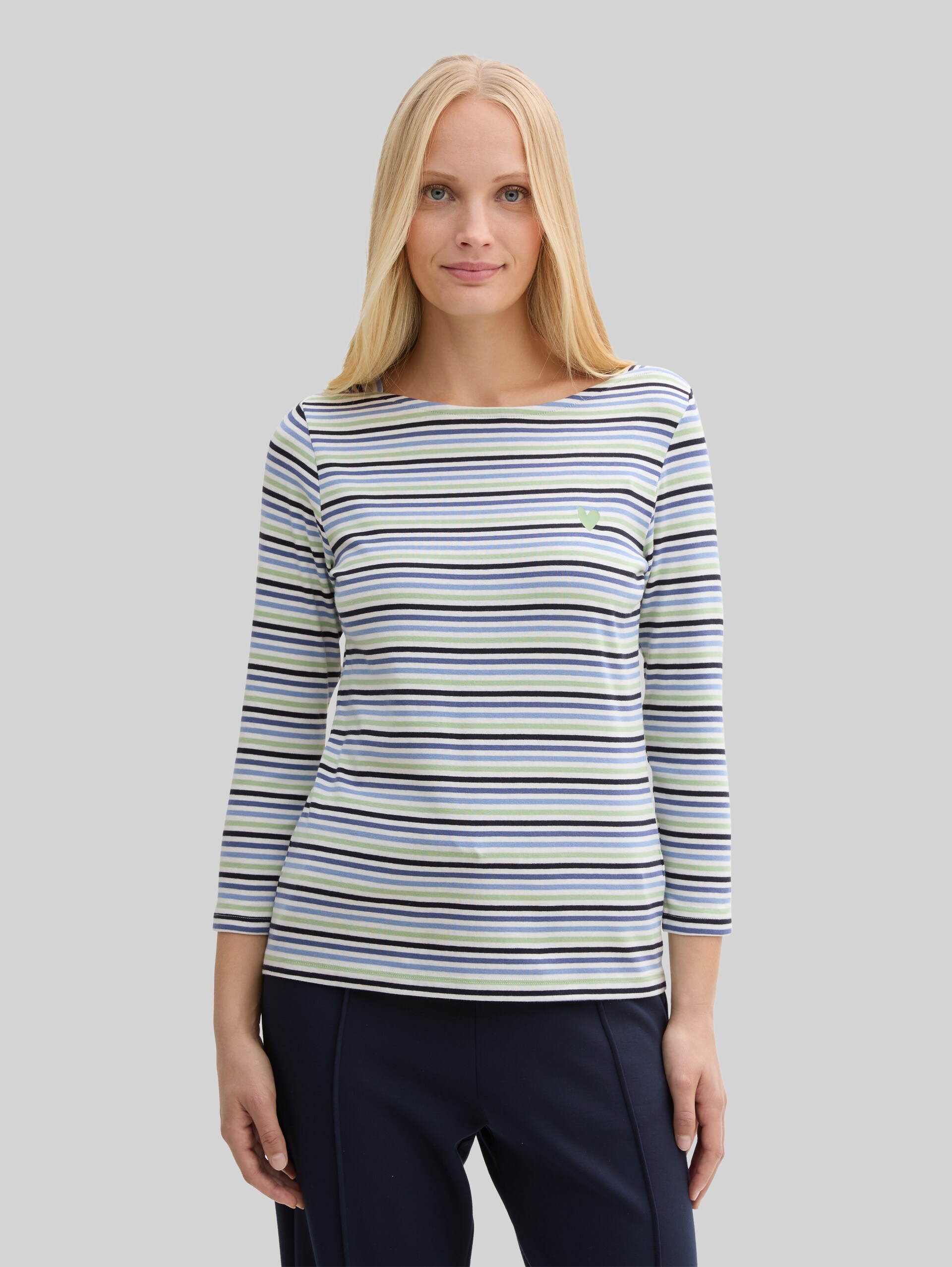 Long-sleeved shirt with striped pattern - blue green regular stripe - Neckline model front view
