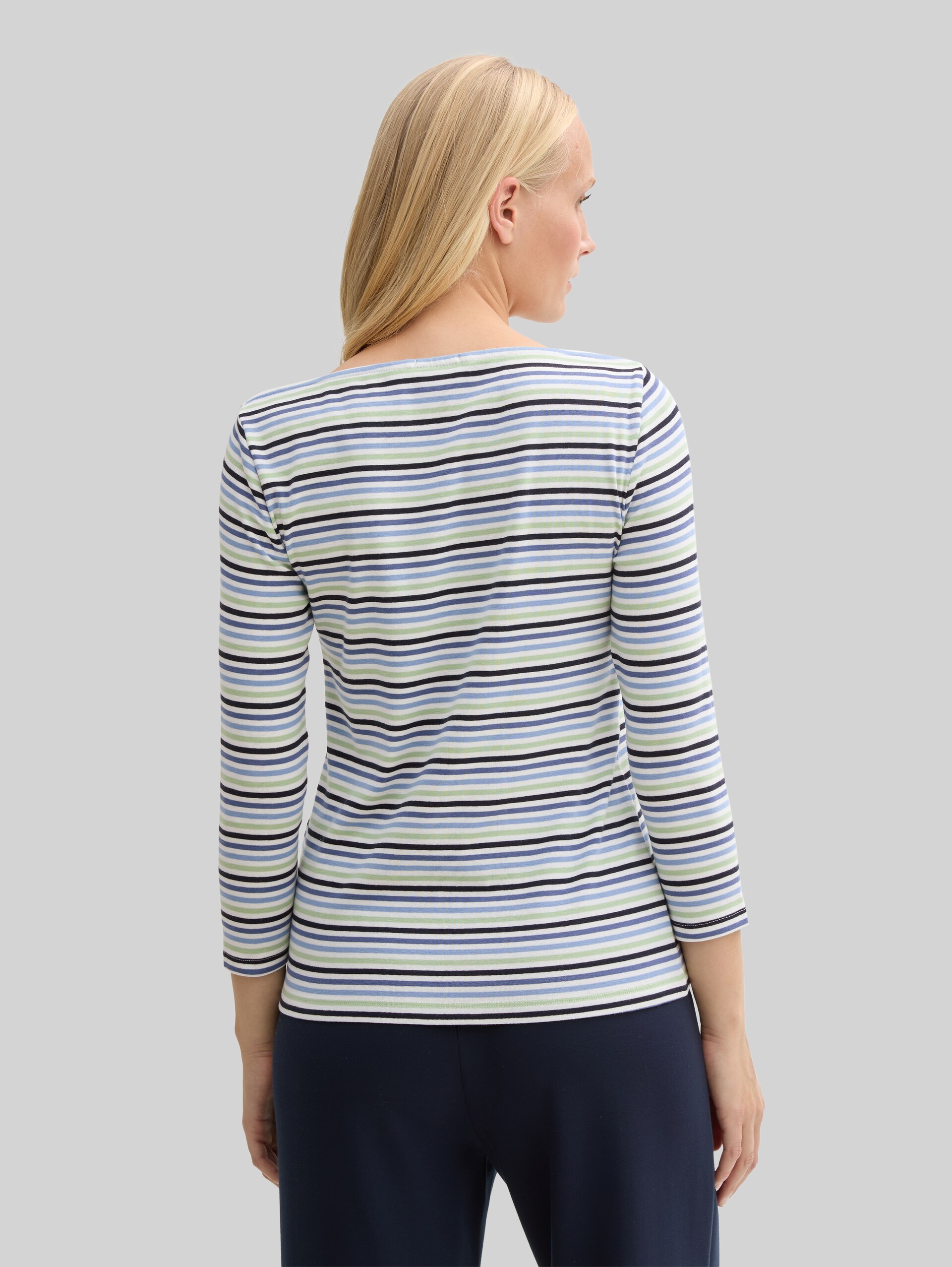 Long-sleeved shirt with striped pattern - blue green regular stripe - Neckline model-back view