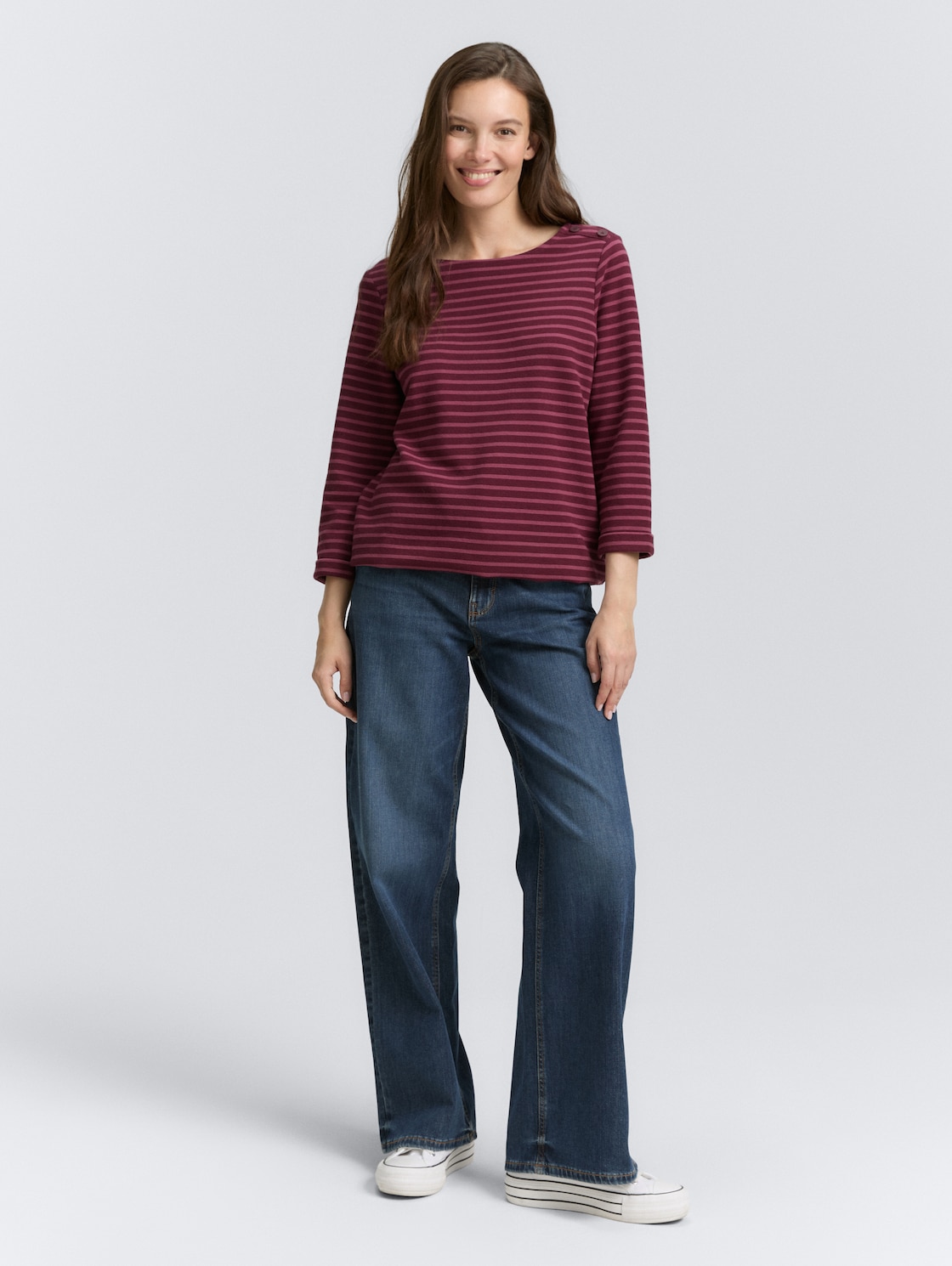 Langarmshirt mit Knopf-Details - oxblood red stripe - Model-Vorderansicht