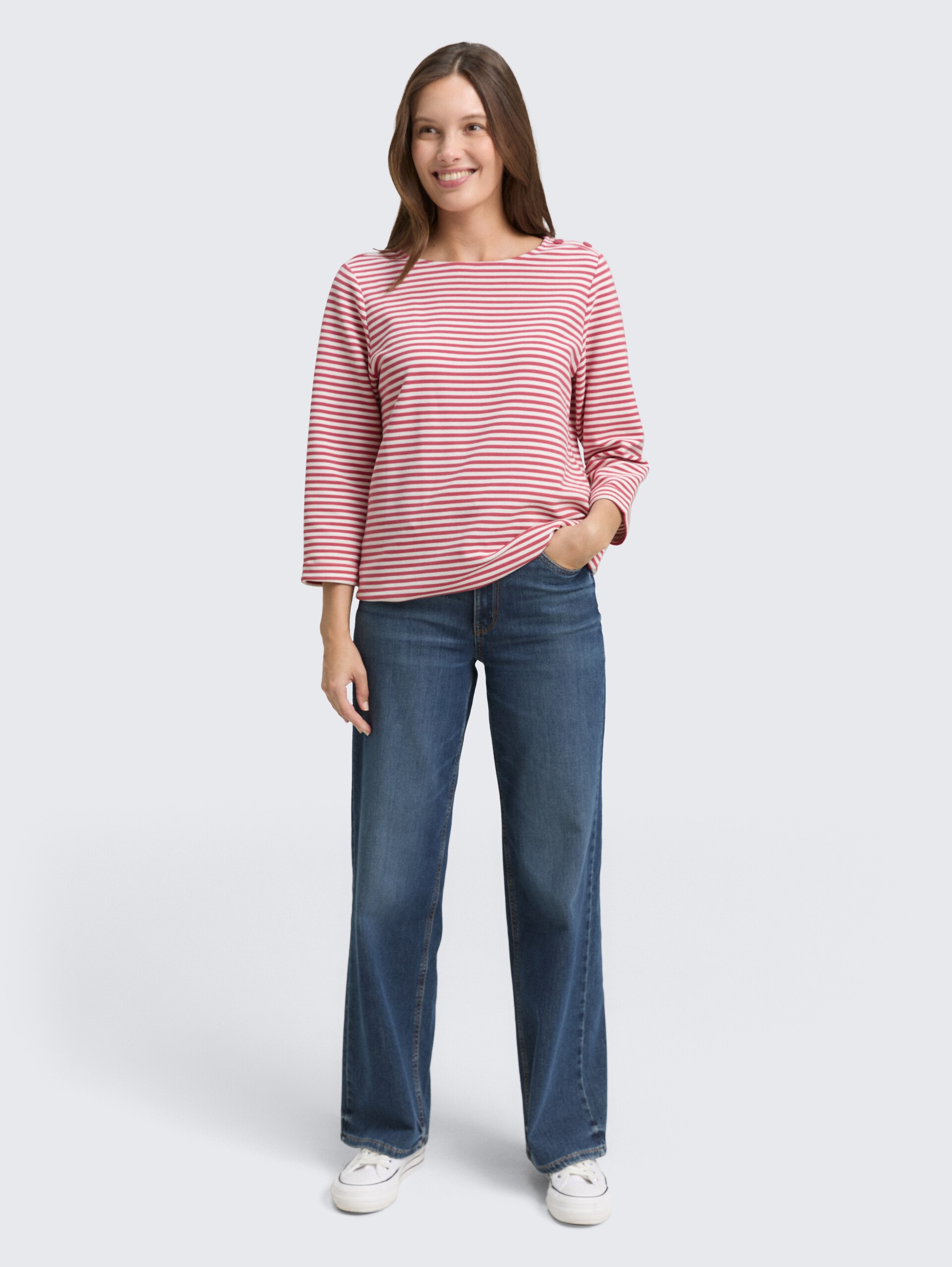 Langarmshirt mit Knopf-Details - pink offwhite regular stripe - Model-Vorderansicht