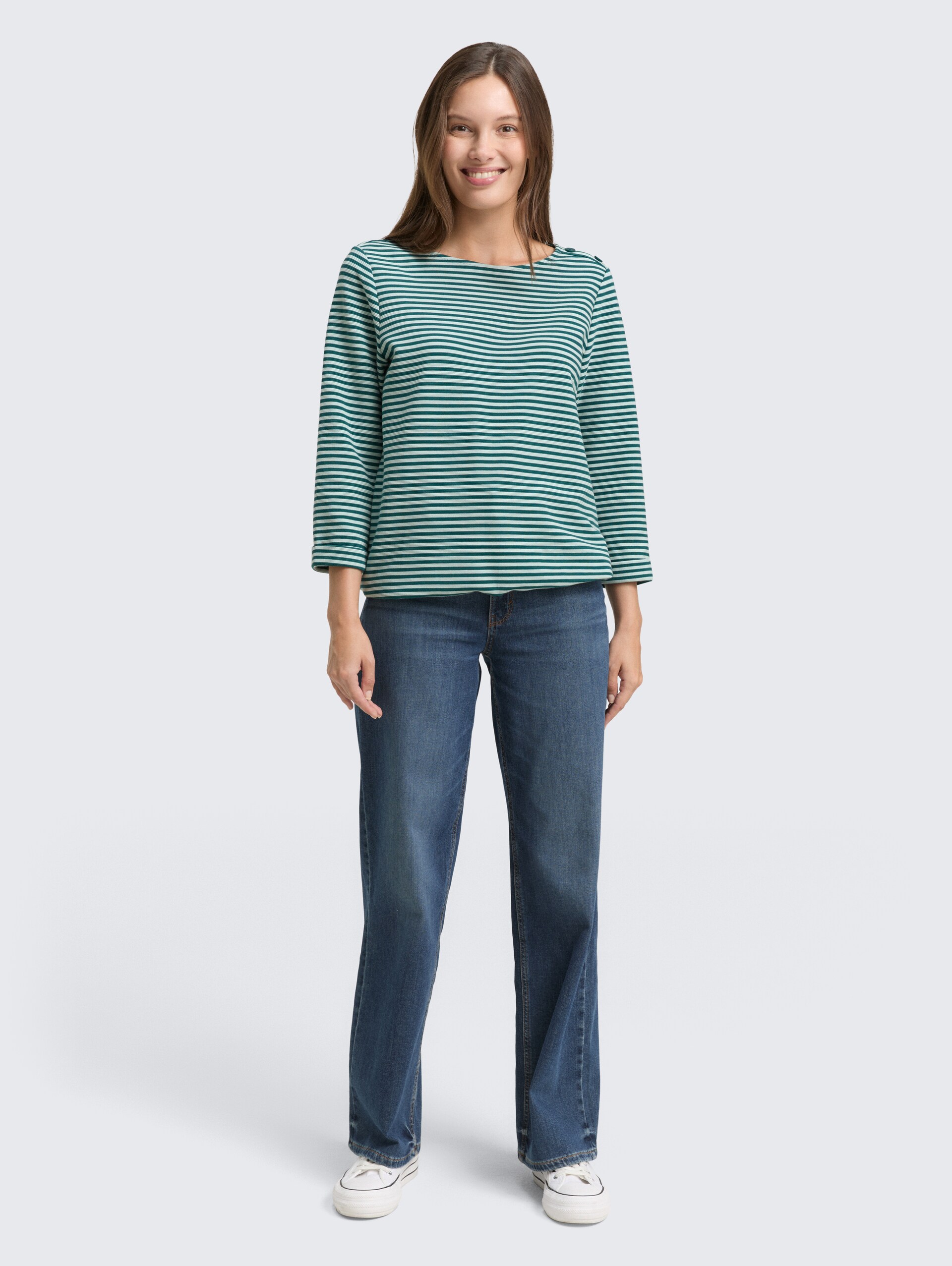 Langarmshirt mit Knopf-Details - mint green regular stripe - Model-Vorderansicht