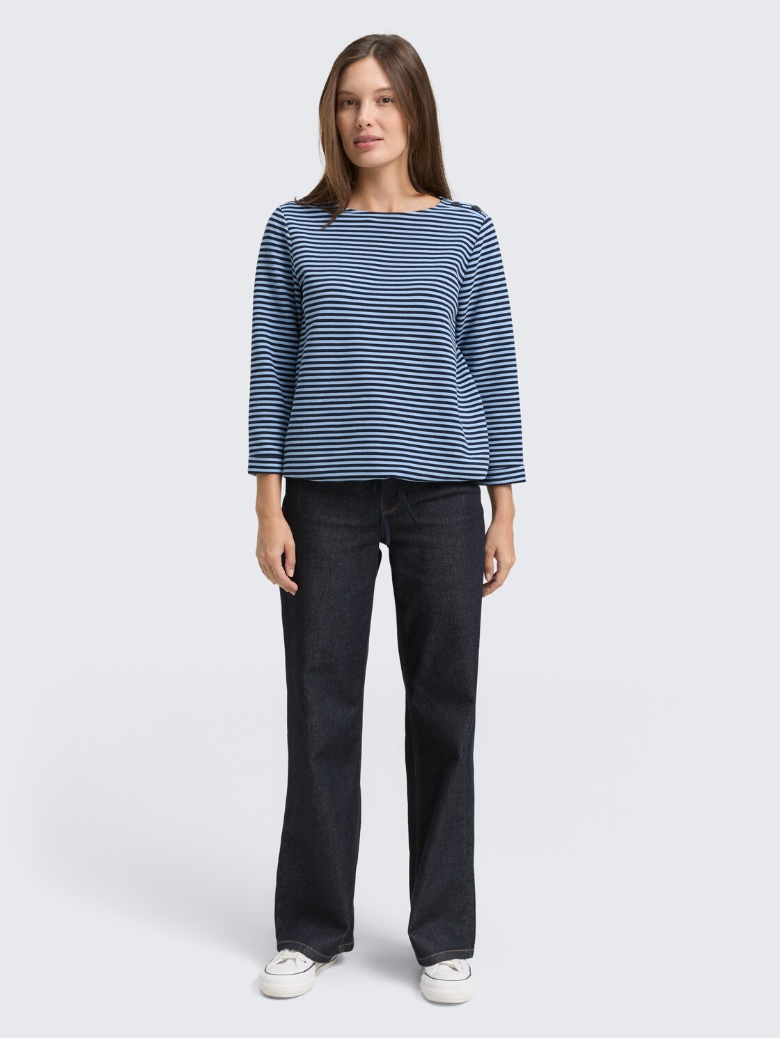 Langarmshirt mit Knopf-Details - blue navy regular stripe - Model-Vorderansicht