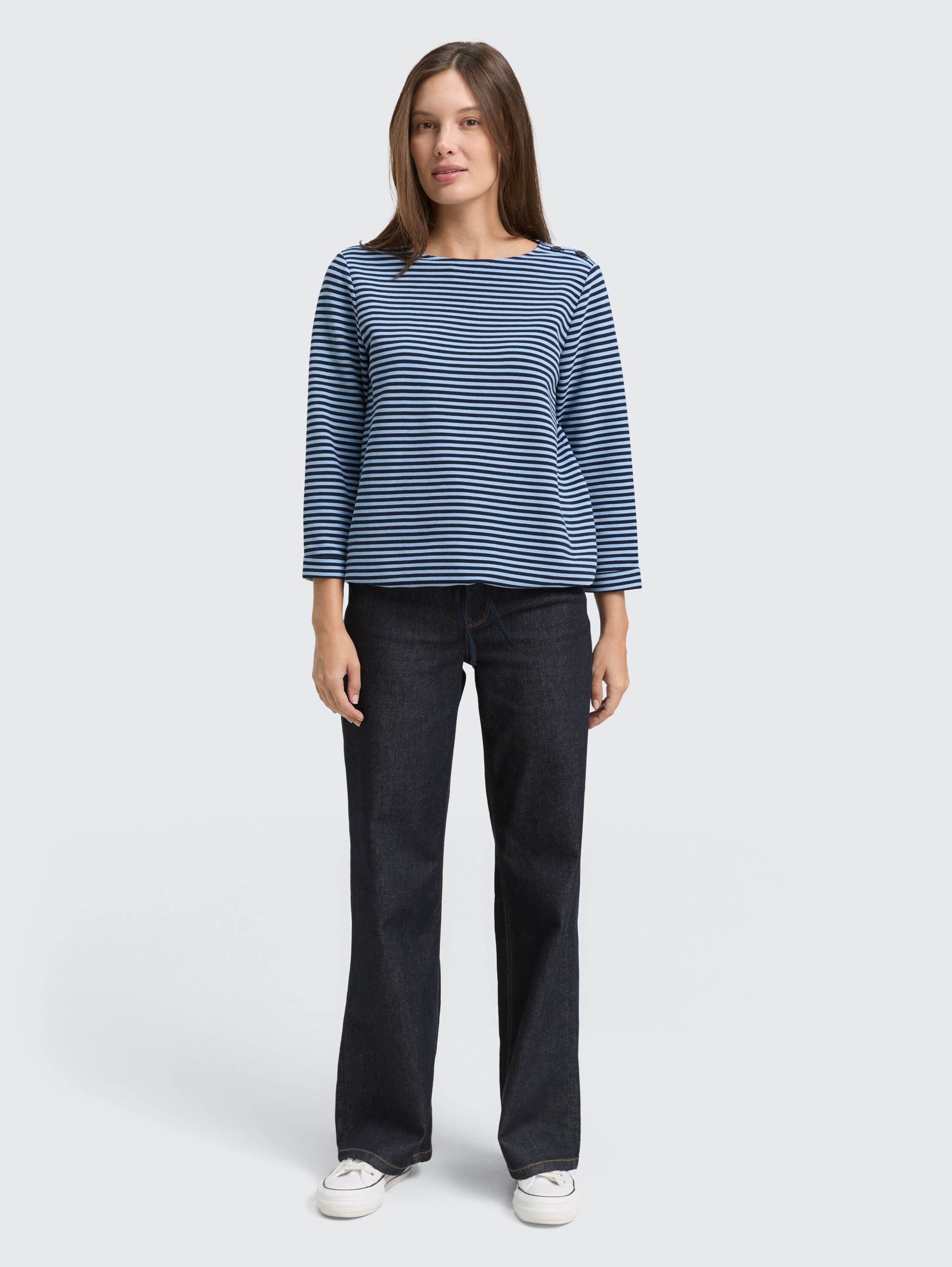 Langarmshirt mit Knopf-Details - blue navy regular stripe - Model-Vorderansicht