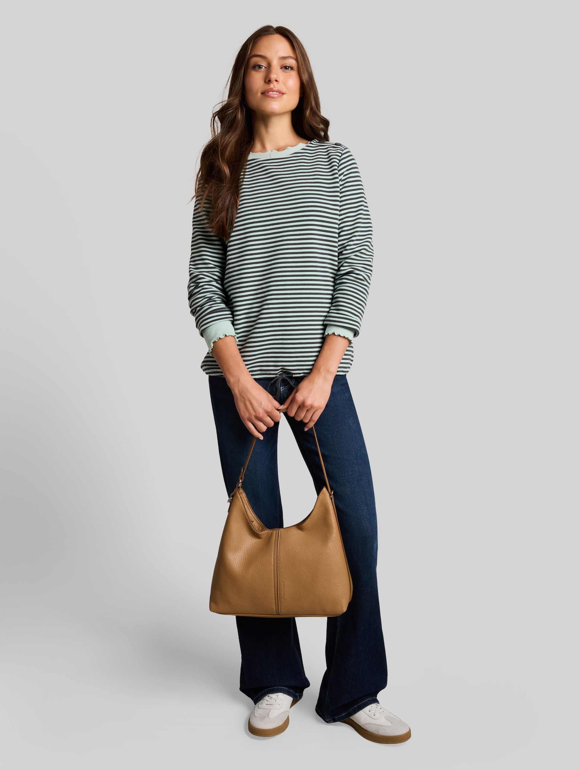 Langarmshirt mit Knopf-Details - darkest olive green stripe - Model-Vorderansicht