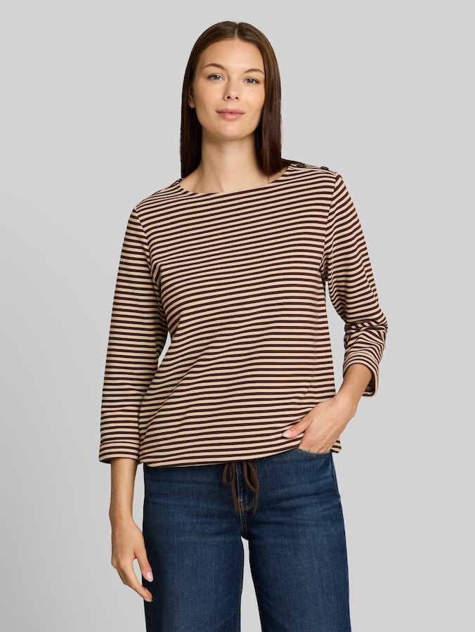 Langarmshirt mit Knopf-Details von Women, dark brown beige stripe