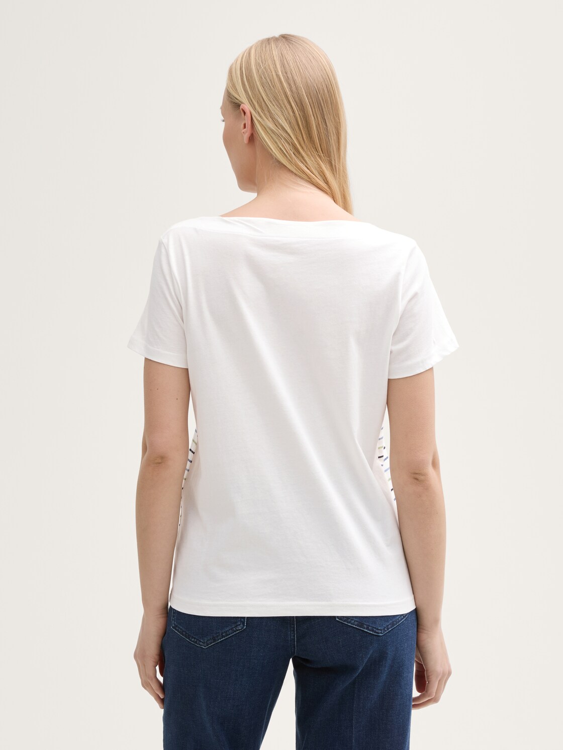 Striped T-shirt - Whisper White - Neckline model-back view