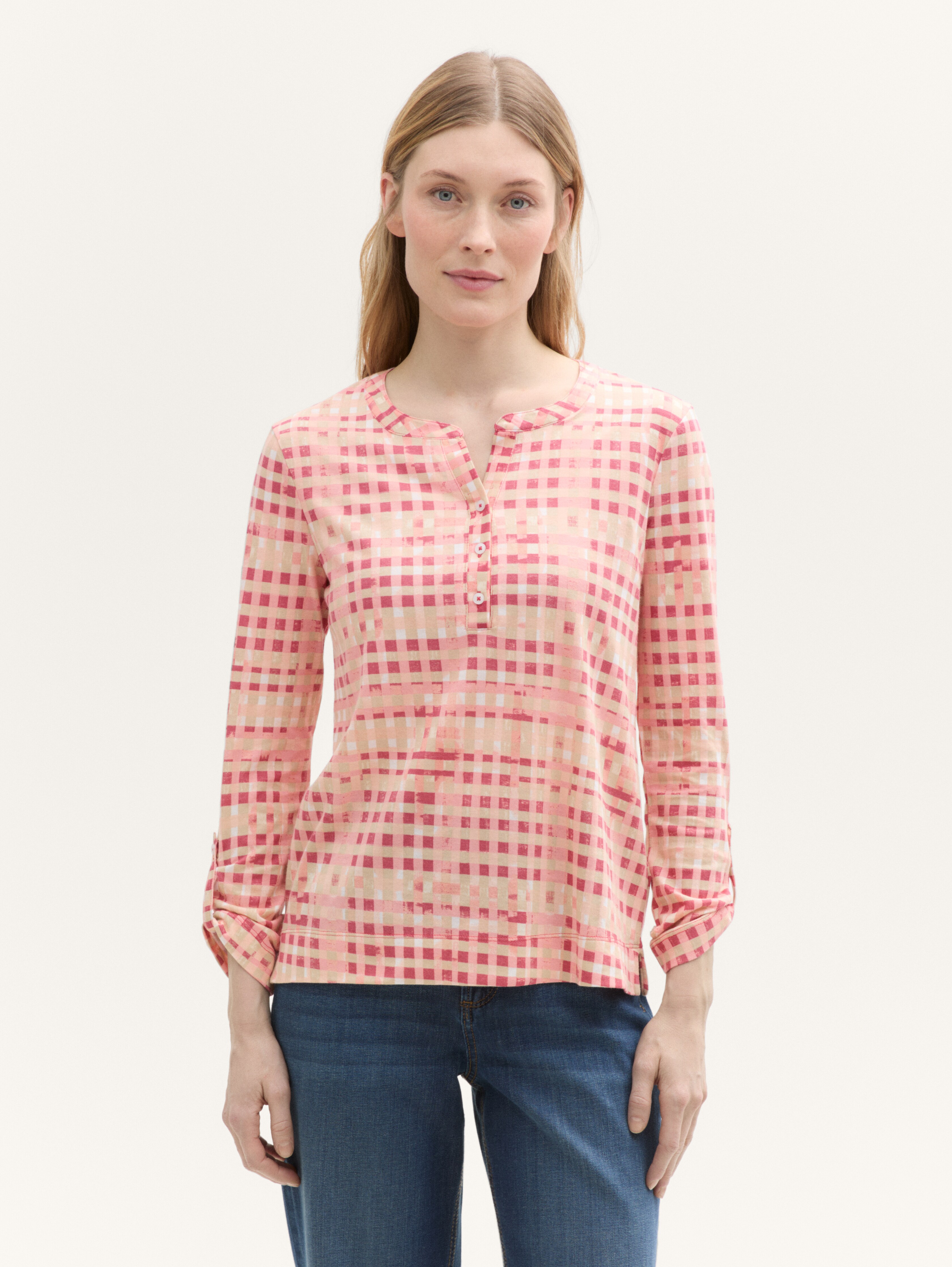 Henley Langarmshirt mit Muster von Women, berry red check design
