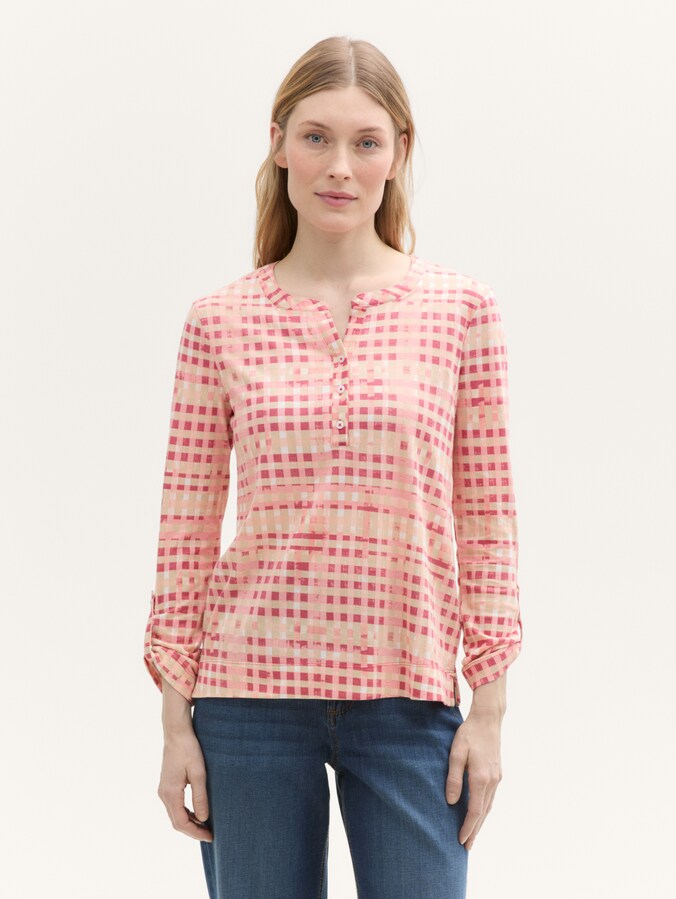 Henley shirt met lange mouwen en patroon door Women, berry red check design