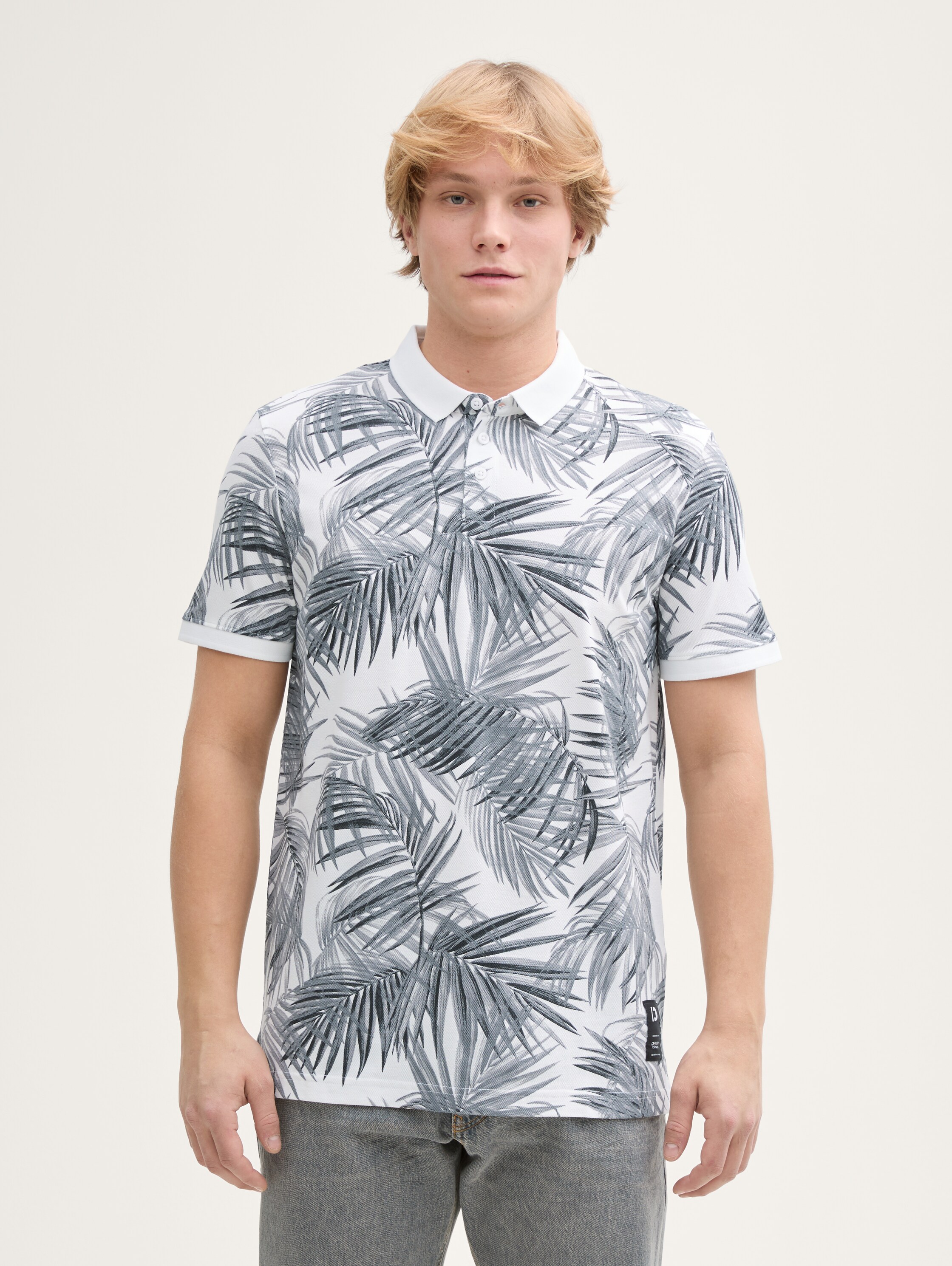Piqué Poloshirt mit Muster - white_black_leaves_print - 
