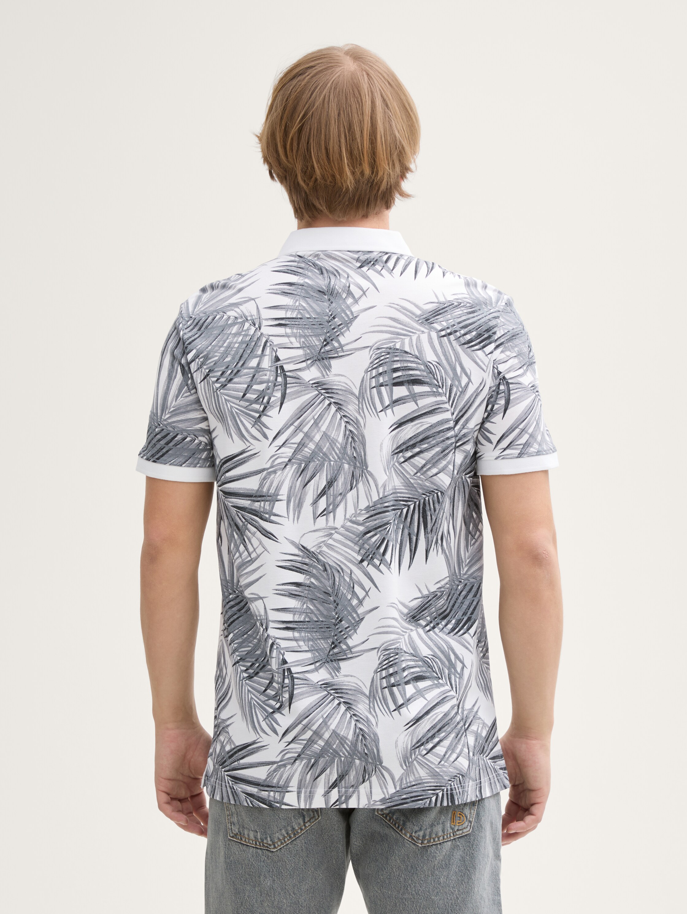 Piqué Poloshirt mit Muster - white_black_leaves_print - 