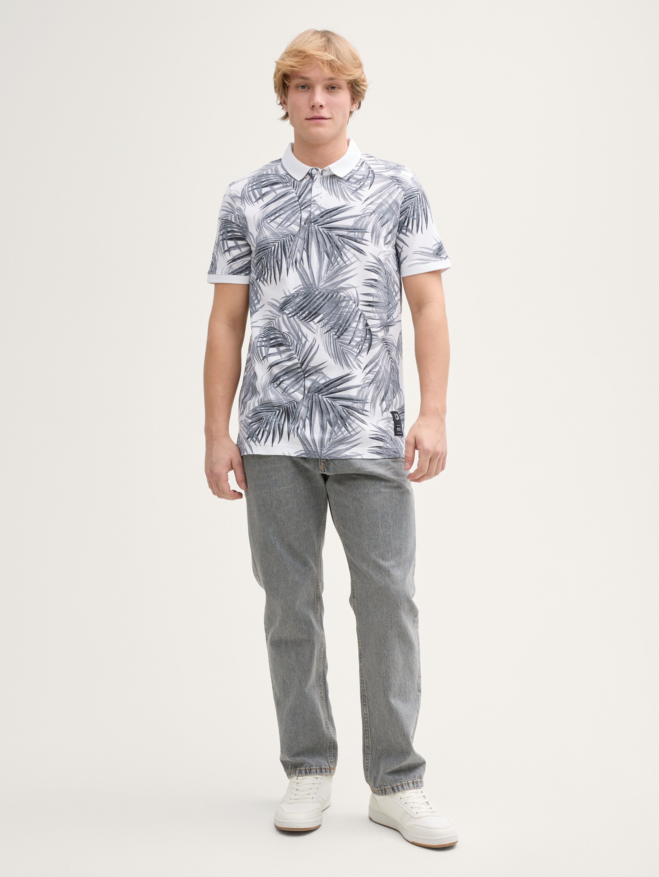 Piqué Poloshirt mit Muster - white_black_leaves_print - 