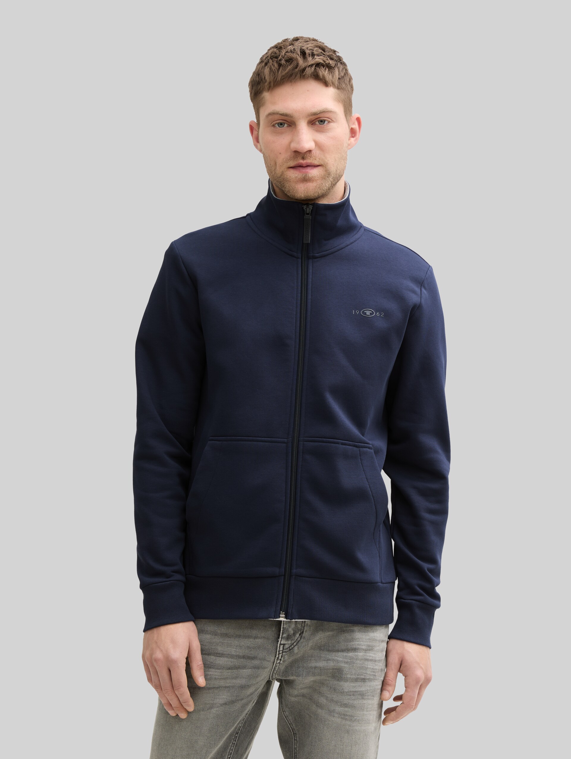Sweat jacket with stand-up collar - sky captain blue - Neckline model front view