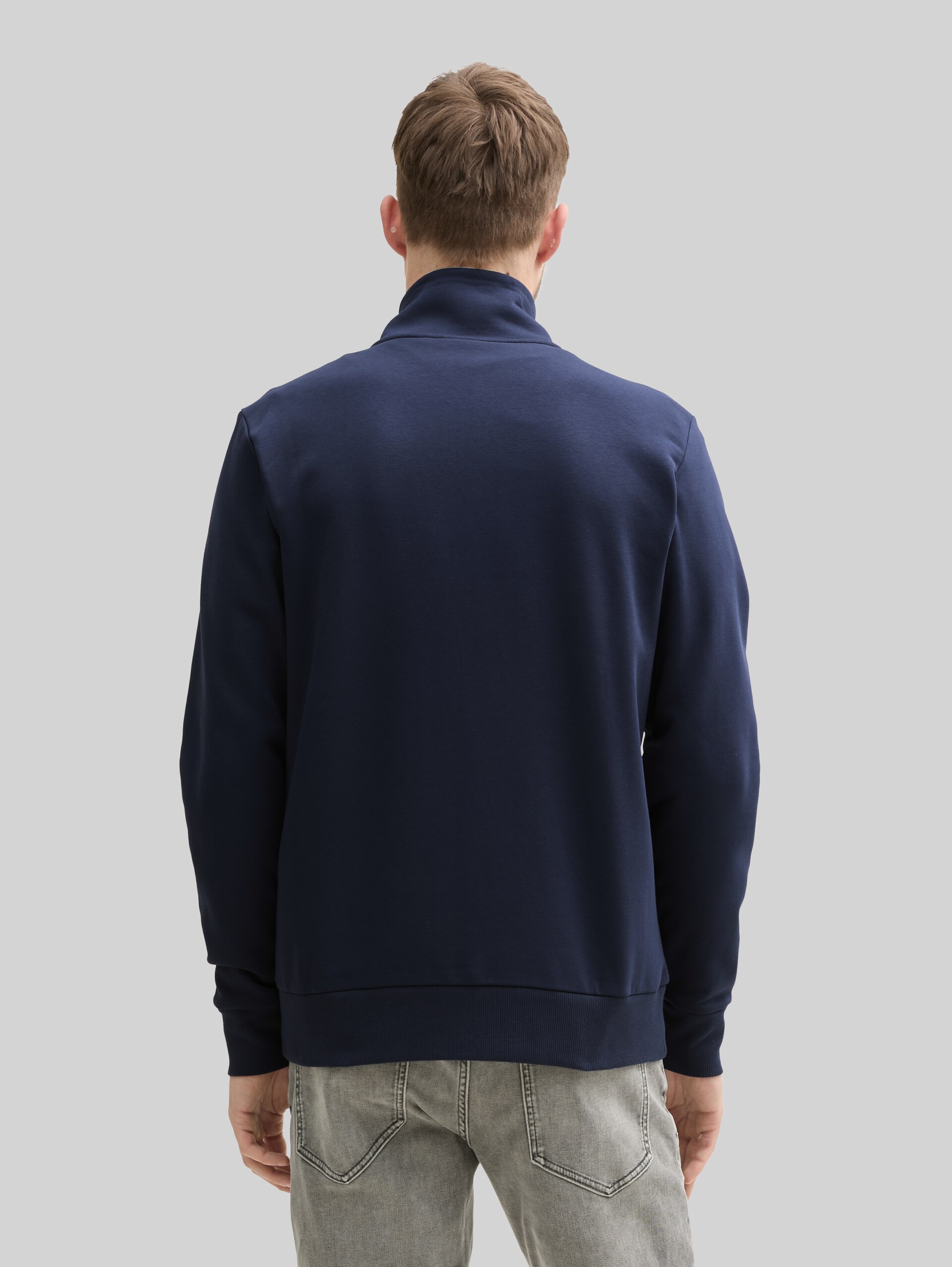 Sweat jacket with stand-up collar - sky captain blue - Neckline model-back view