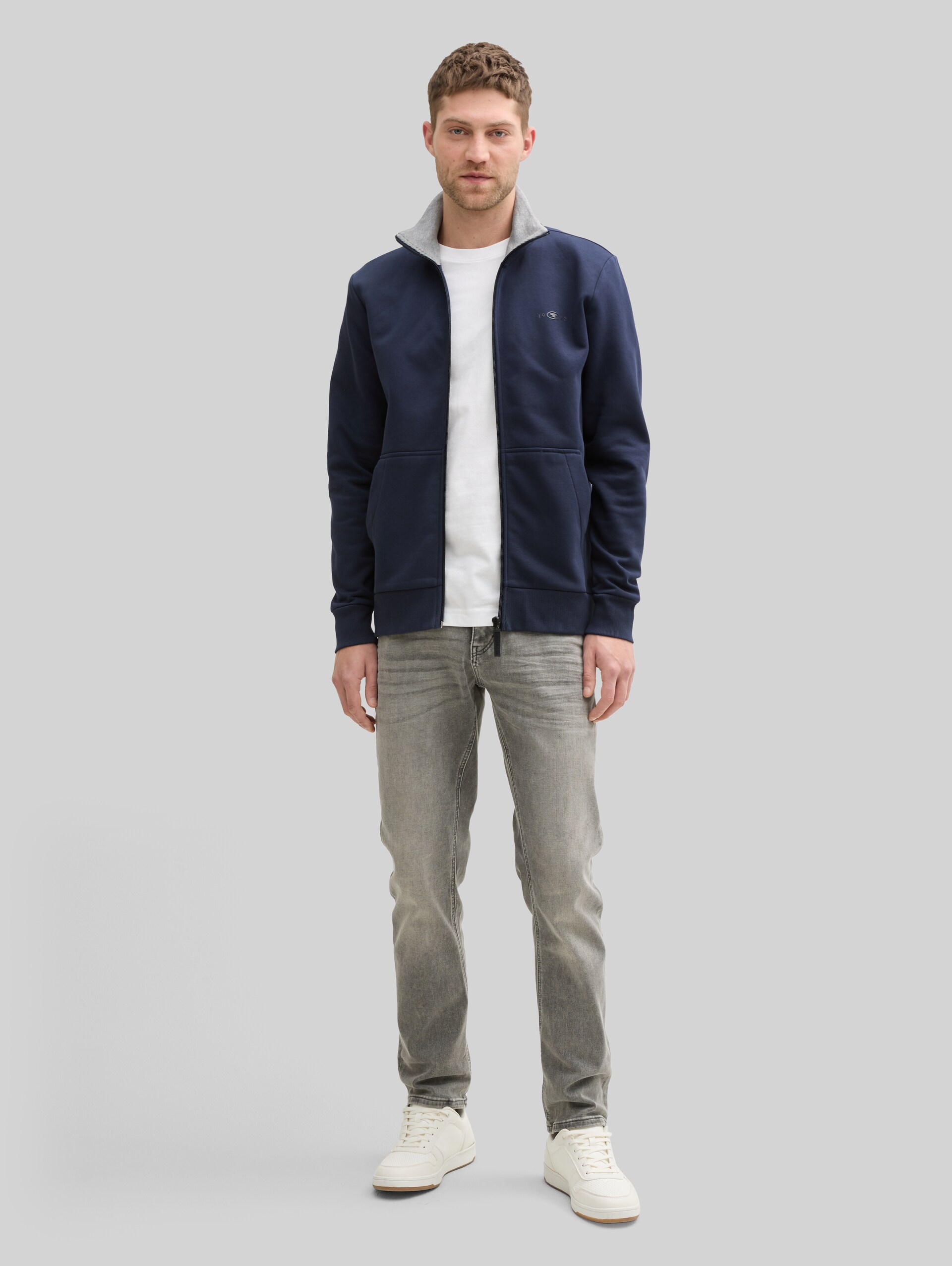 Sweat jacket with stand-up collar - sky captain blue - Model front view