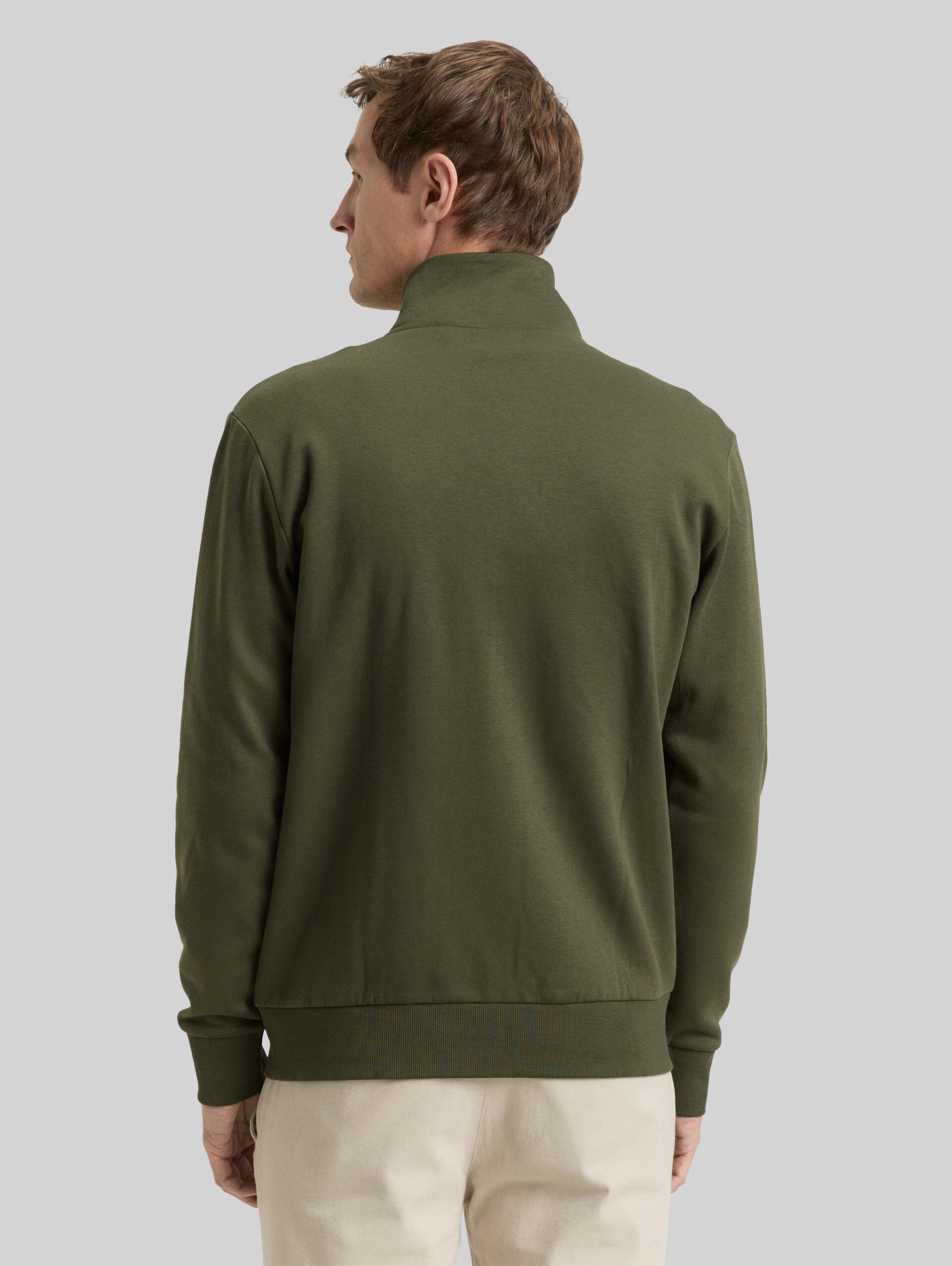 Sweat jacket with stand-up collar - Deep Forest Green - Neckline model-back view