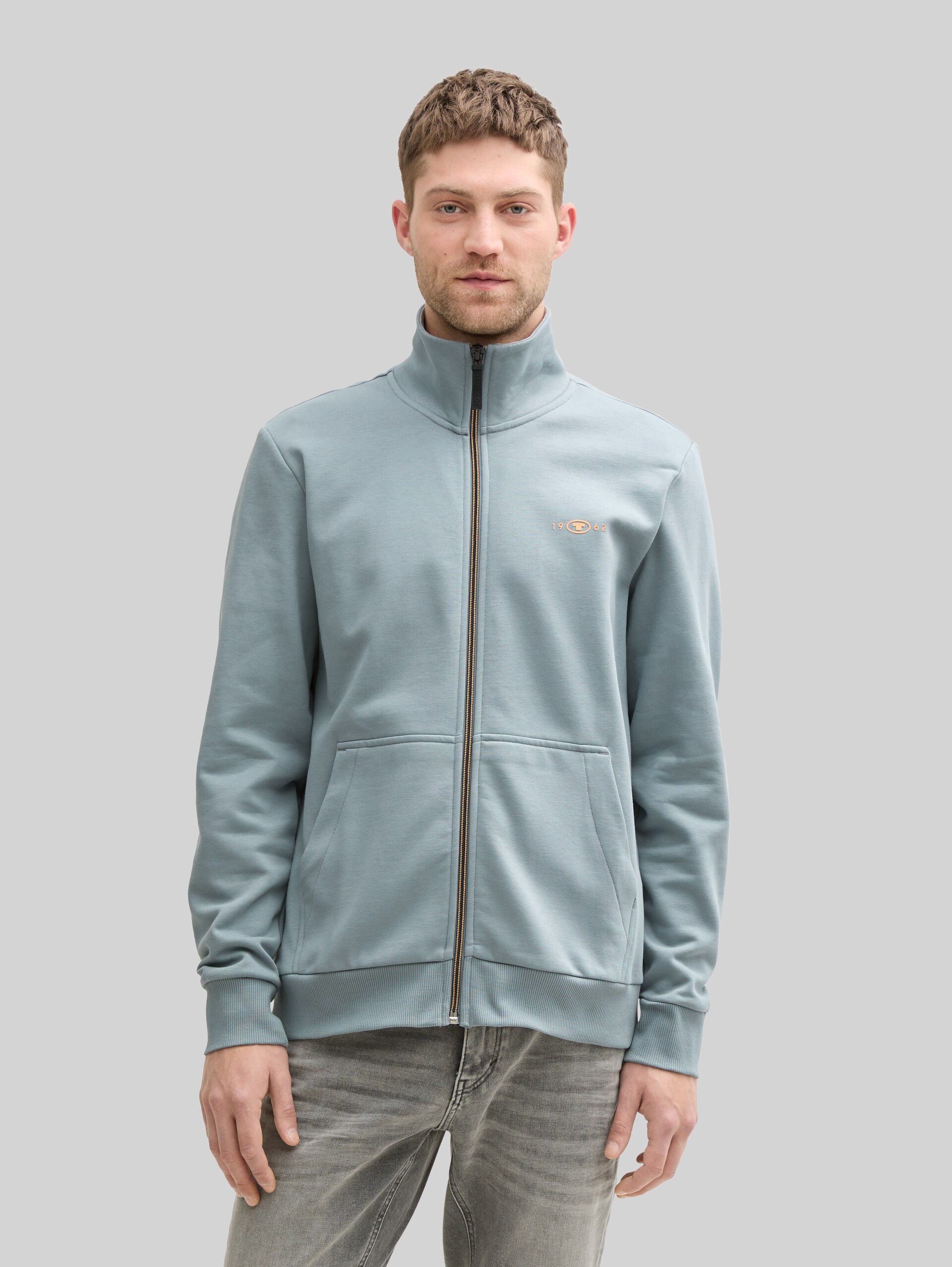Sweat jacket with stand-up collar - grey mint - Neckline model front view