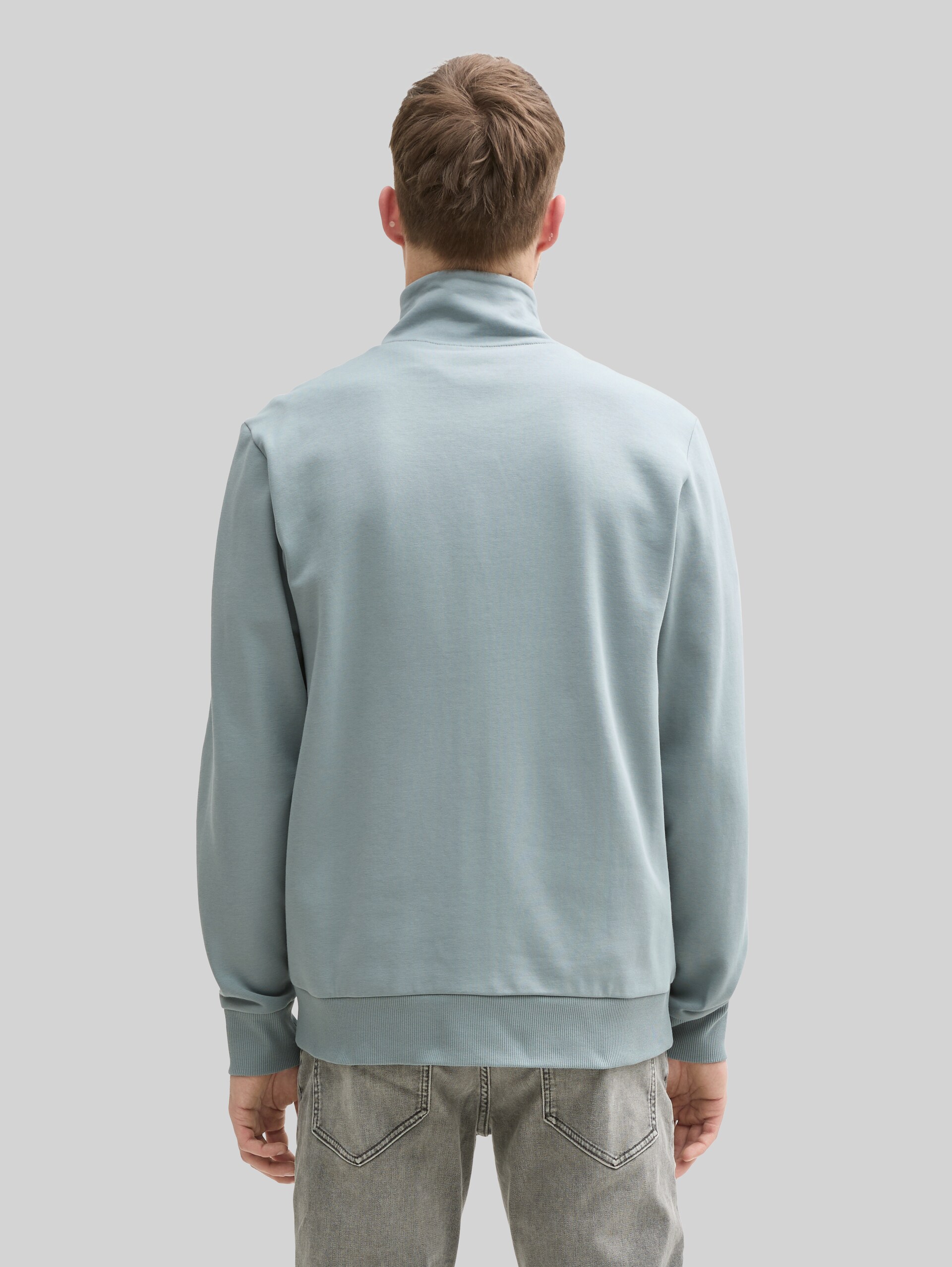 Sweat jacket with stand-up collar - grey mint - Neckline model-back view