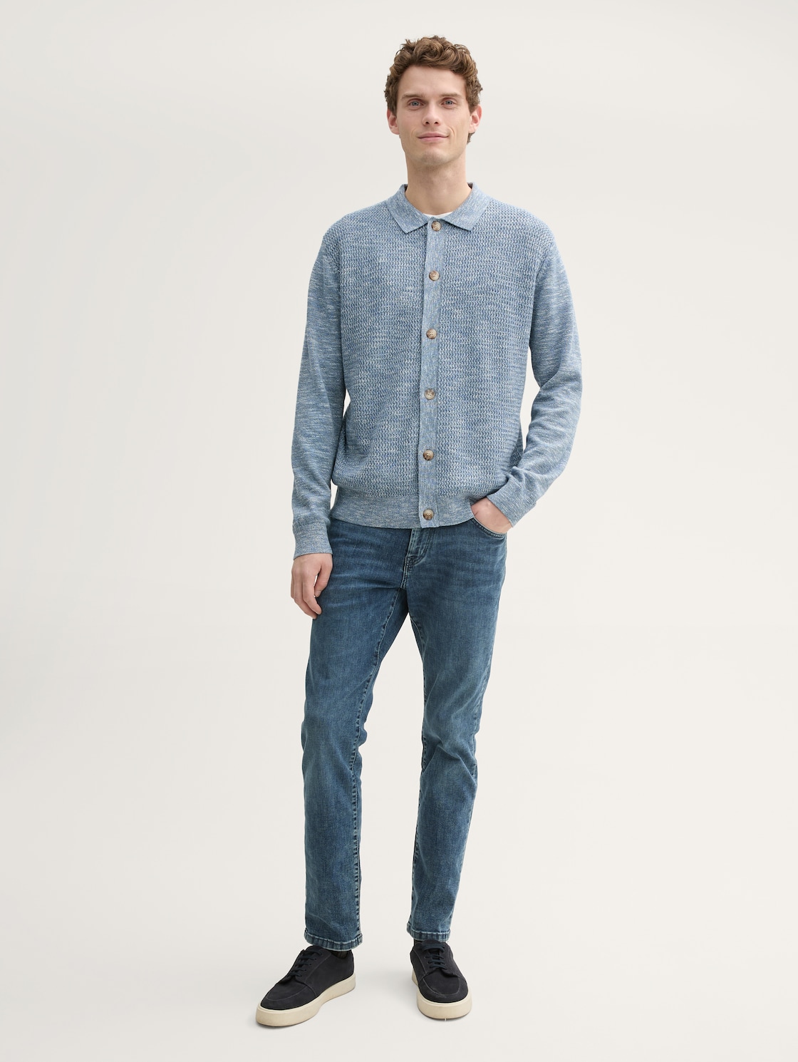 Cardigan with Kent collar - mystical blue multicolor - Model front view