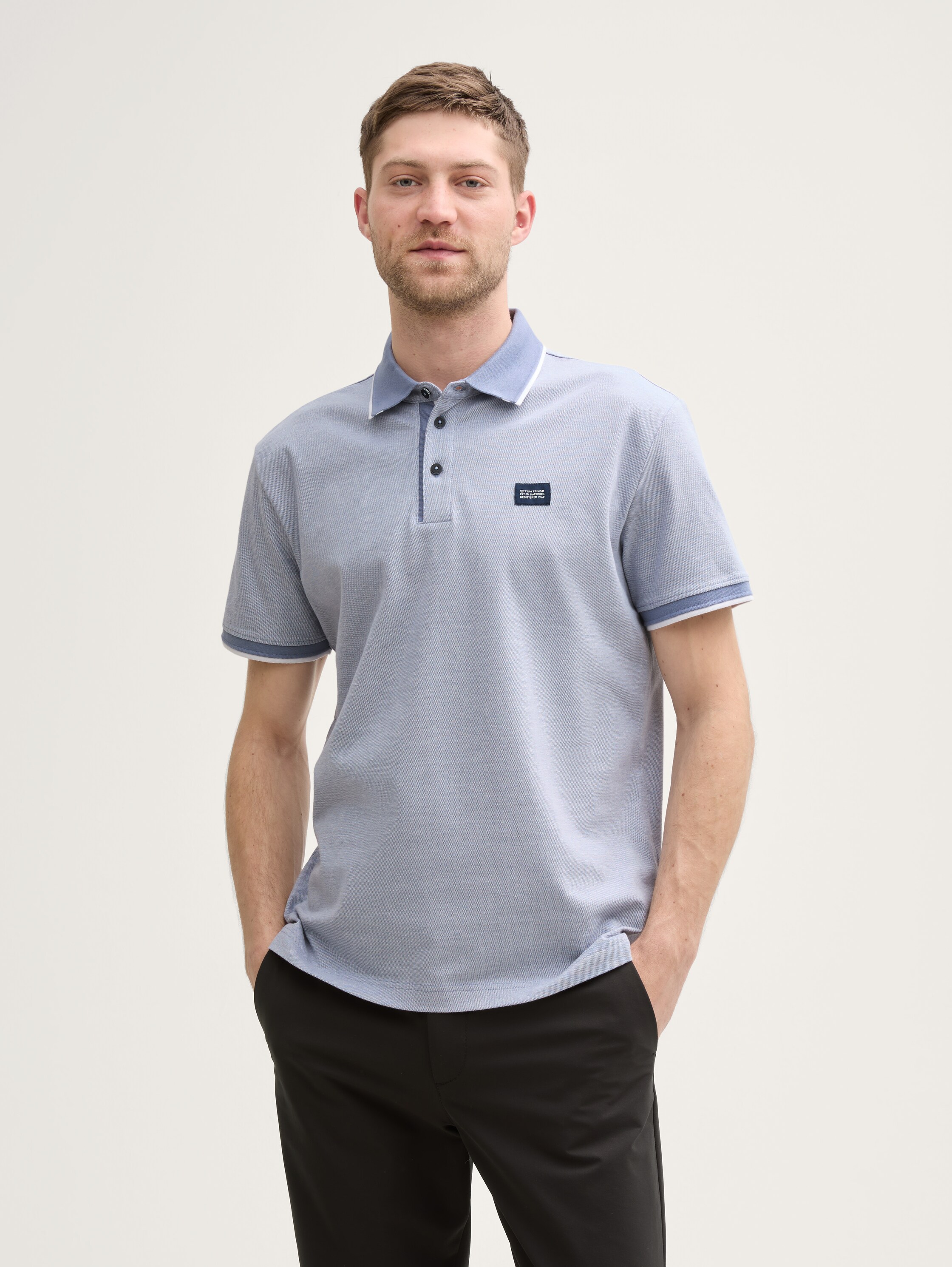 Piqué Poloshirt mit Logo-Label - dove_blue_white_two_tone_pique - 