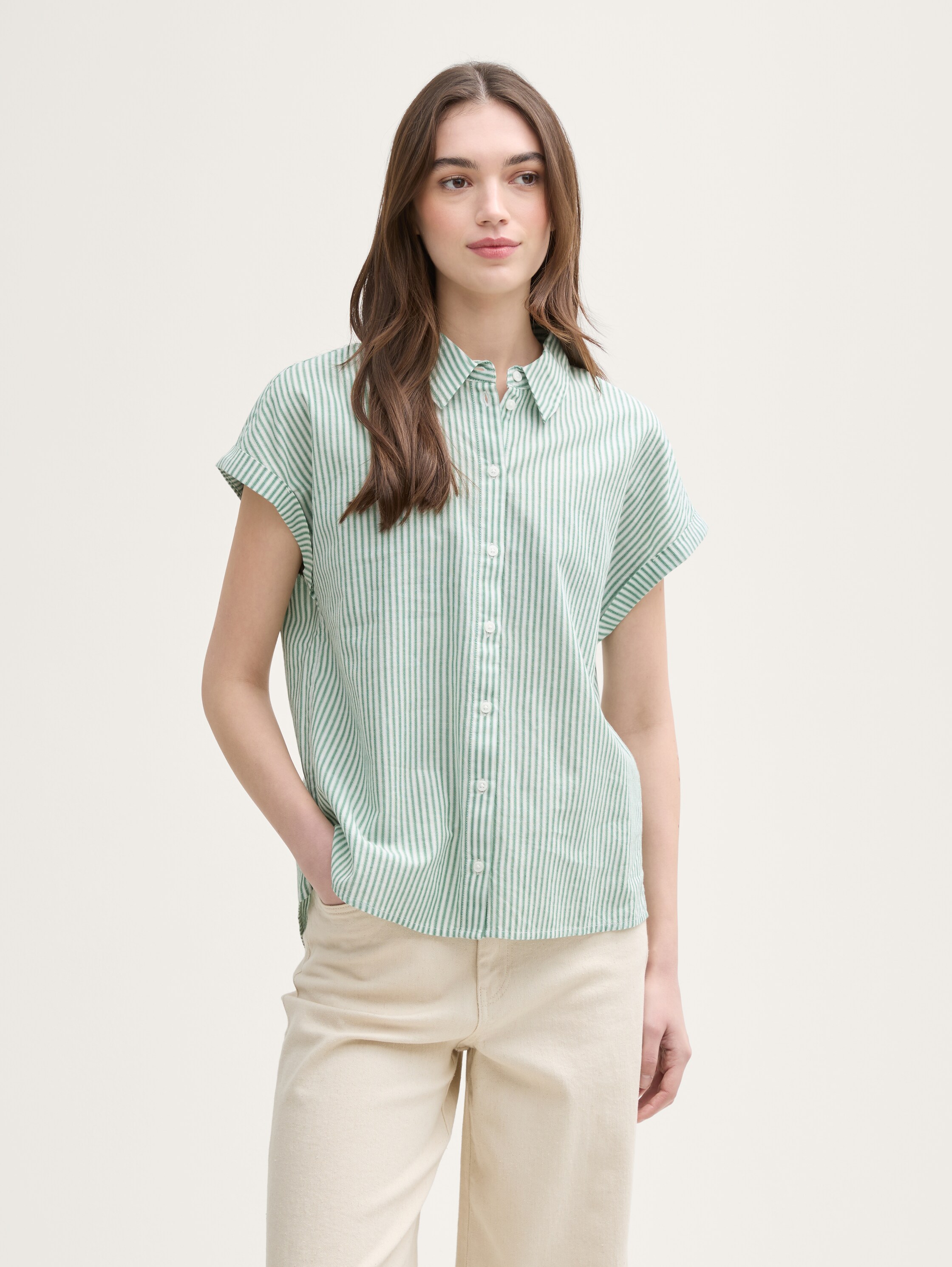 Loose Fit Bluse mit Streifenmuster - white_green_vertical_stripe - 