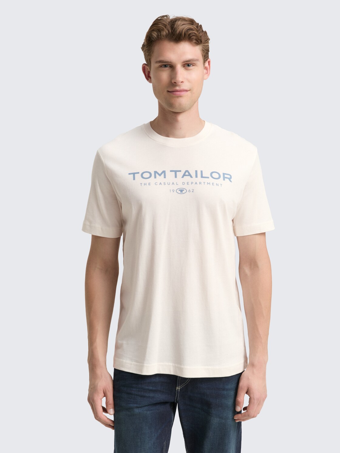 T-Shirt aus Baumwolle mit Logo-Print - Gardenia White - Ausschnitt Model-Vorderansicht