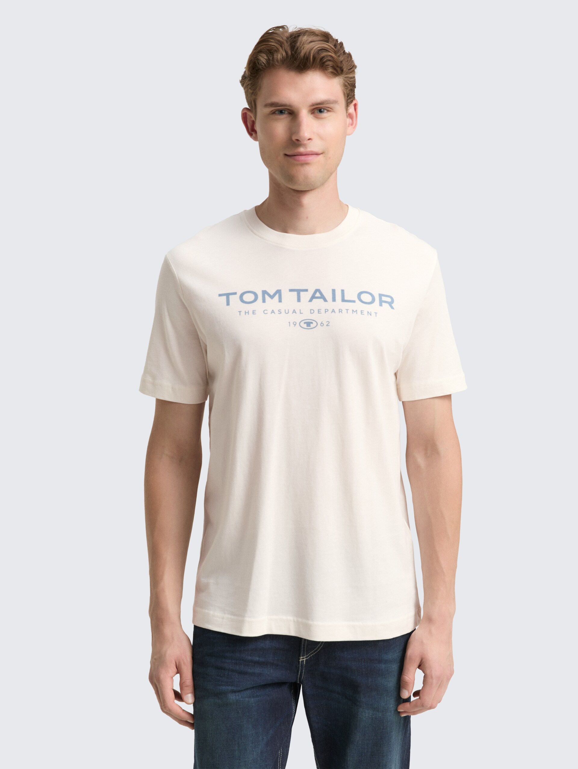 T-Shirt aus Baumwolle mit Logo-Print - Gardenia White - Ausschnitt Model-Vorderansicht