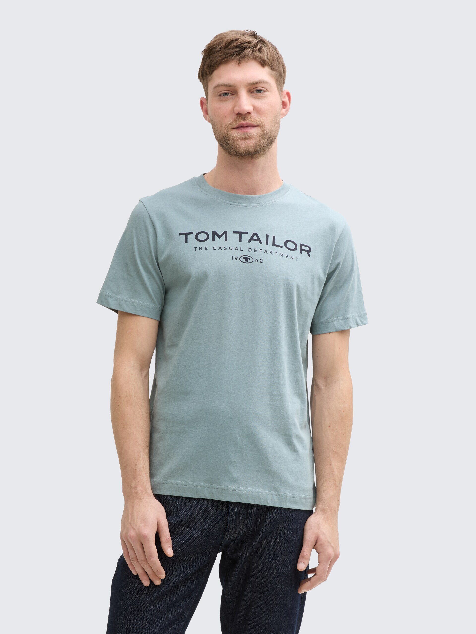 T-Shirt aus Baumwolle mit Logo-Print - grey mint - Ausschnitt Model-Vorderansicht