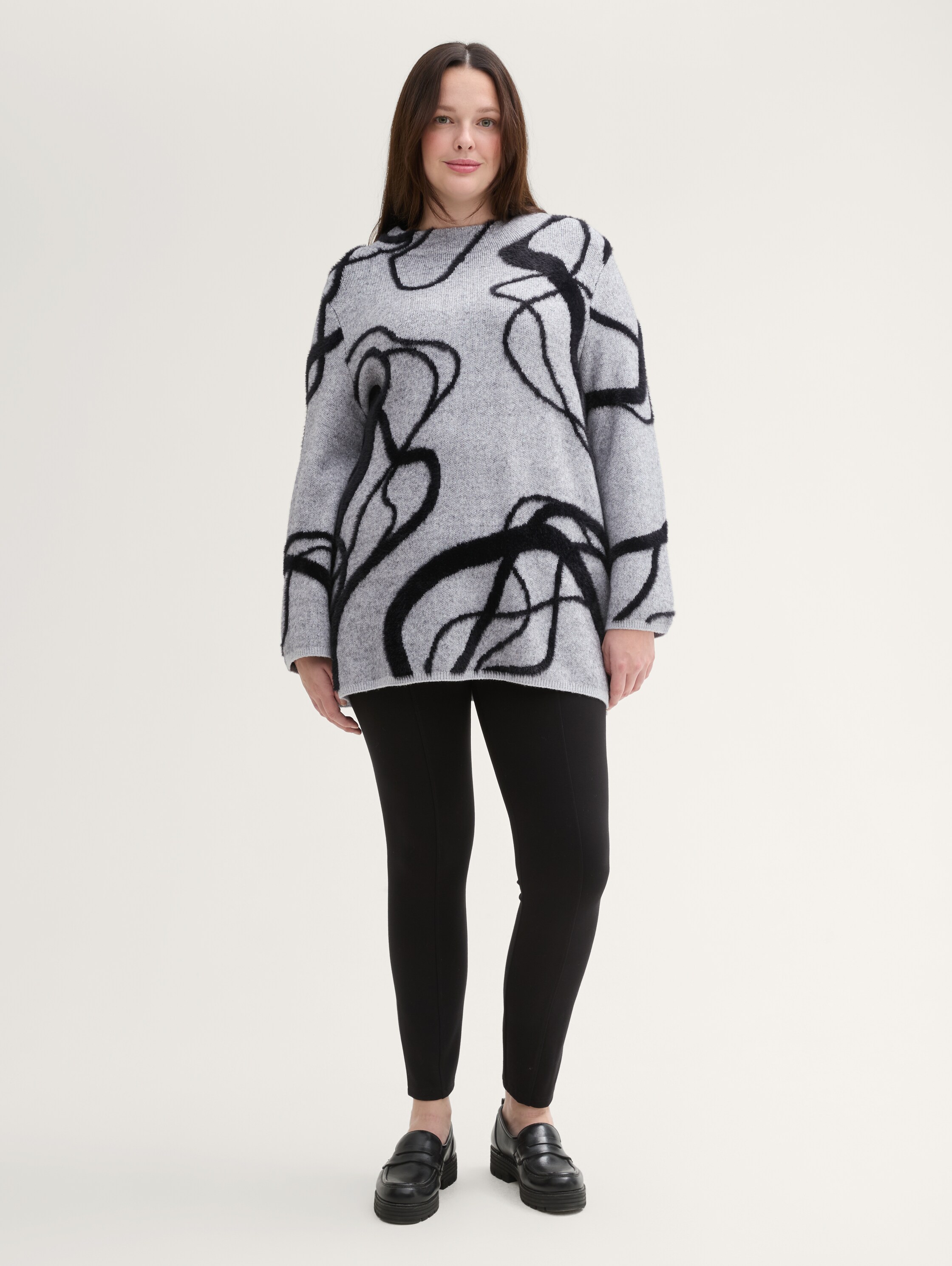 Plus Size - Loose Fit Strickpullover mit Muster - grey_geometric_knit_pattern - 