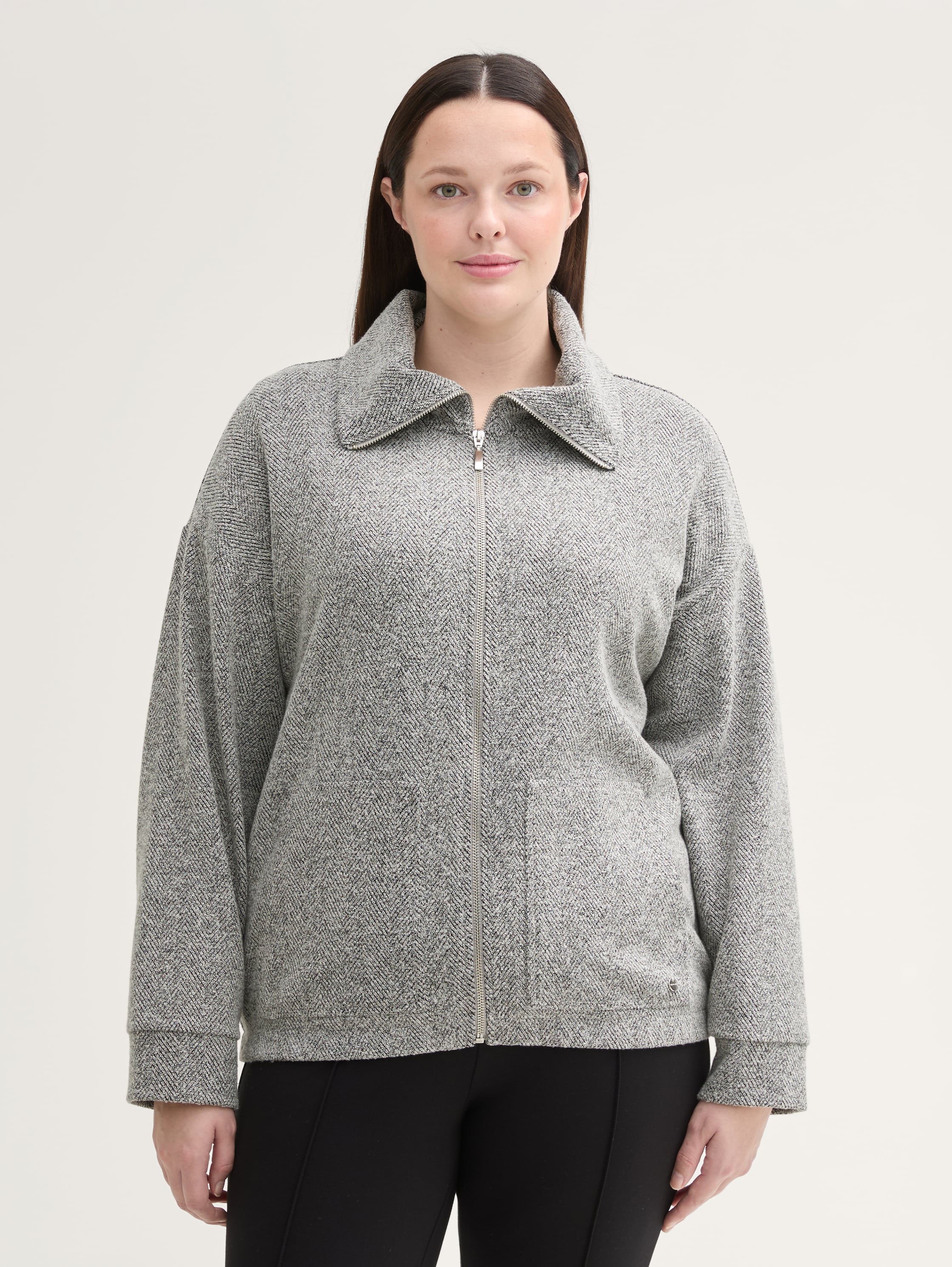 Plus Size - Sweatjacke mit Stehkragen - grey_heringbone_boucle - 