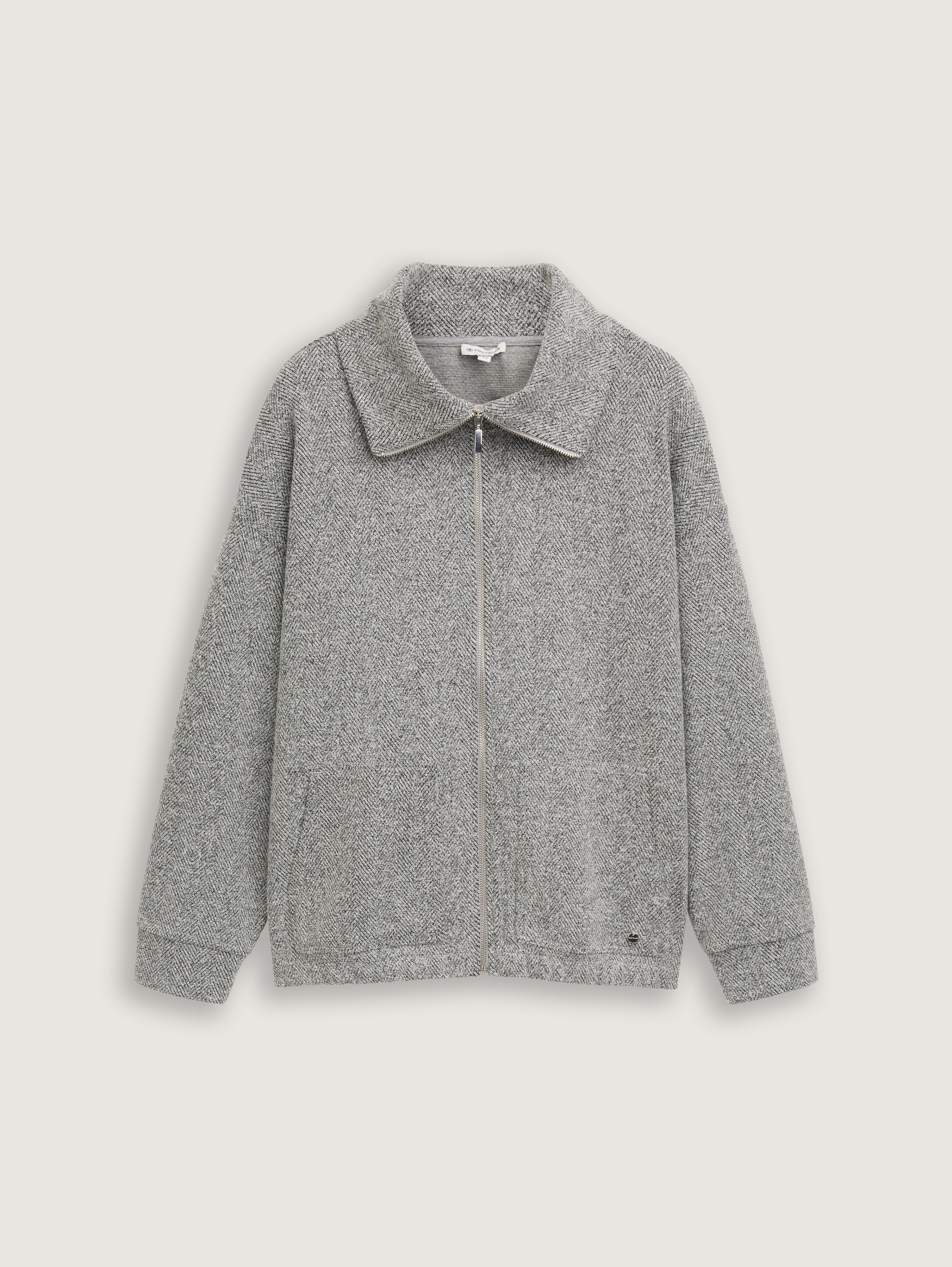 Plus Size - Sweatjacke mit Stehkragen - grey_heringbone_boucle - 