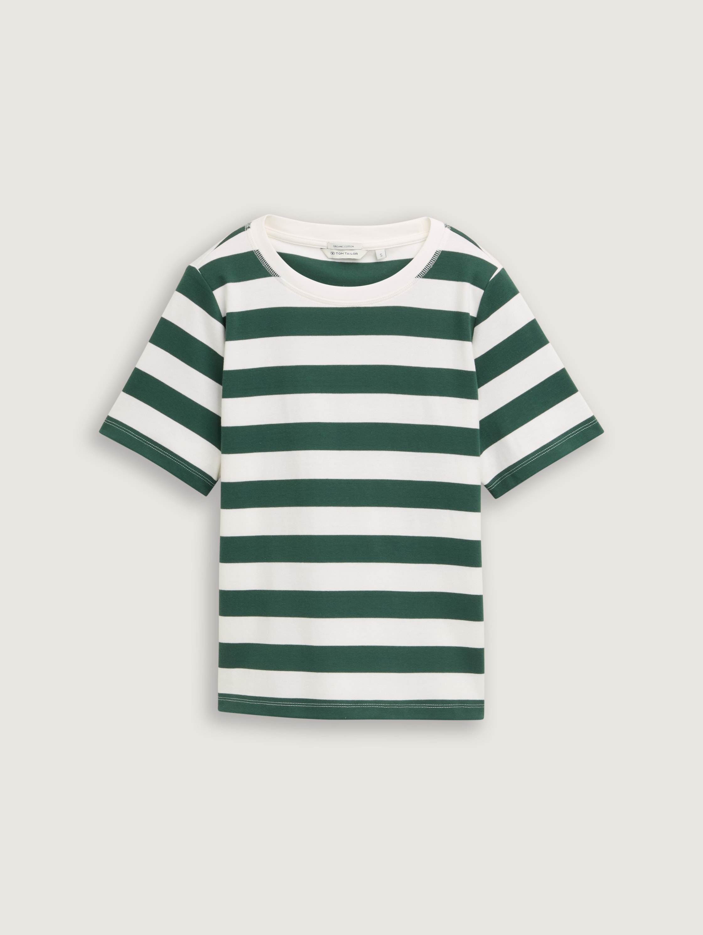 Cotton T-shirt - green offwhite block stripe - Front product view