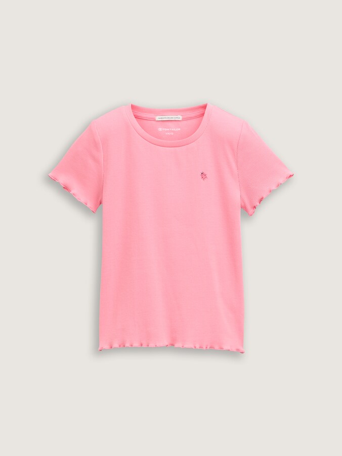 Geribbeld T-shirt met print door Mini Girls, sunrise pink