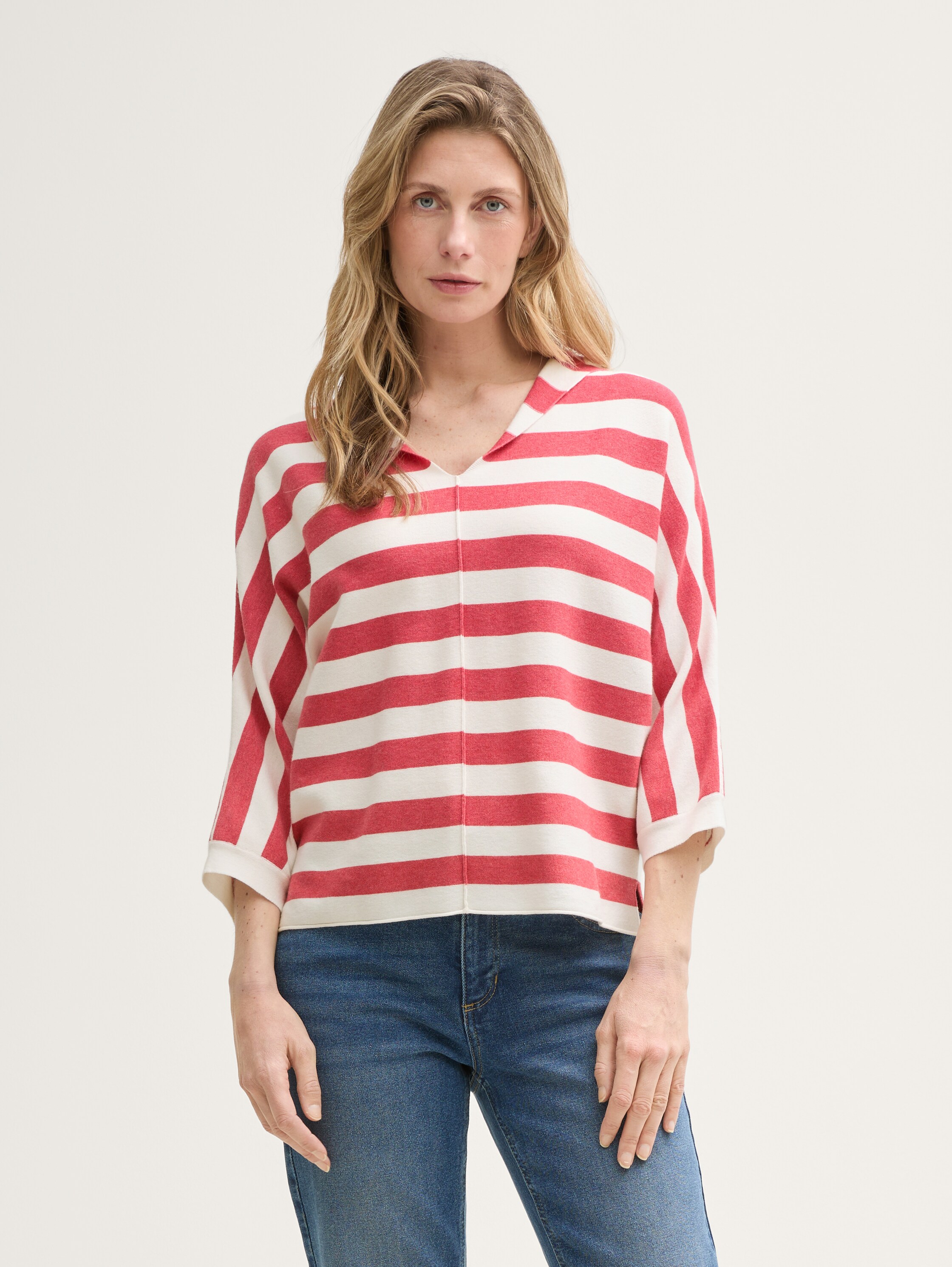 Loose Fit Strickpullover mit Kapuze - red_melange_block_stripe - 