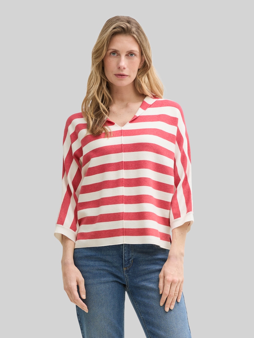 Loose Fit Strickpullover mit Kapuze von Women, red melange block stripe