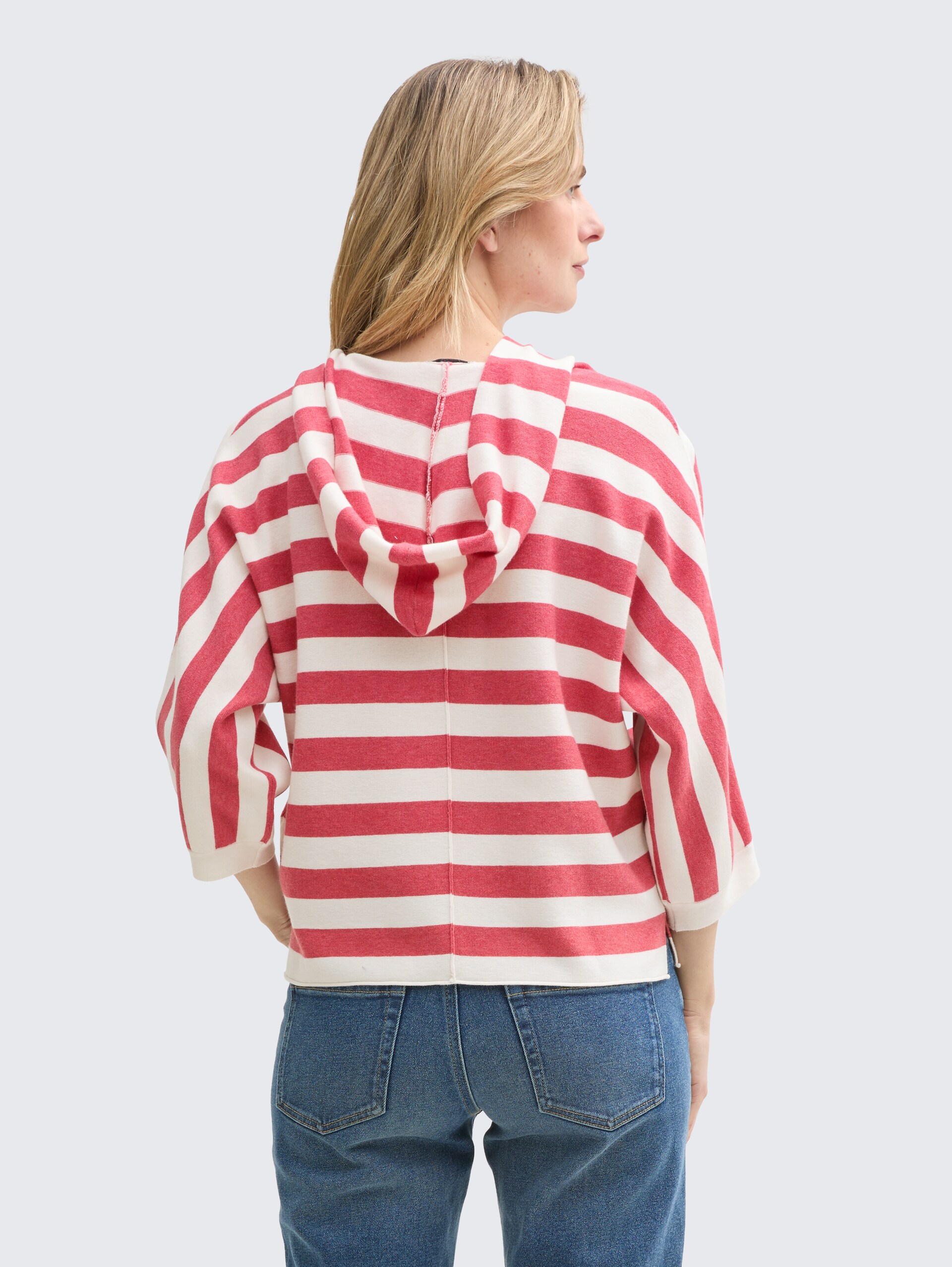 Loose Fit Strickpullover mit Kapuze - red melange block stripe