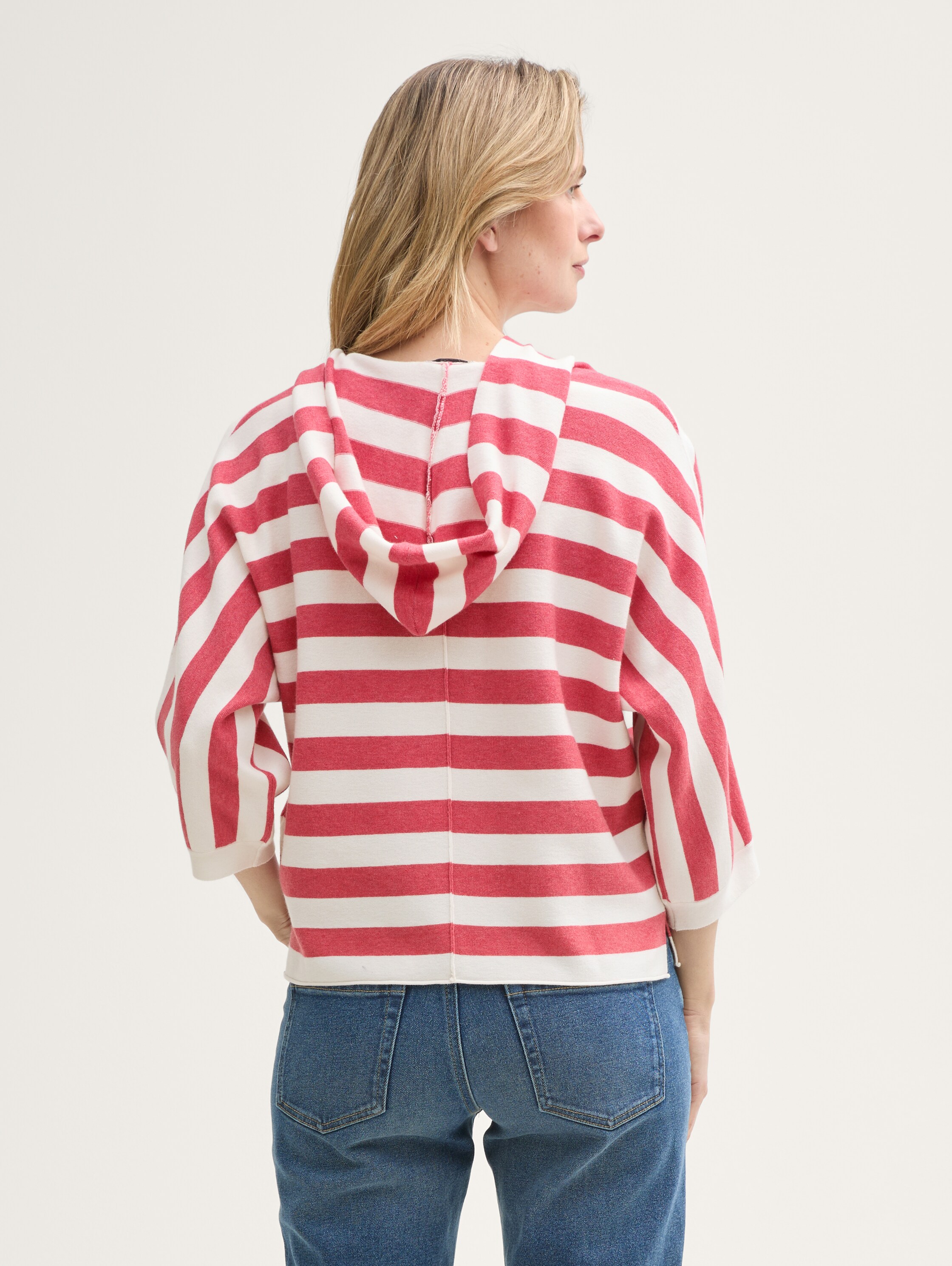 Loose Fit Strickpullover mit Kapuze - red_melange_block_stripe - 